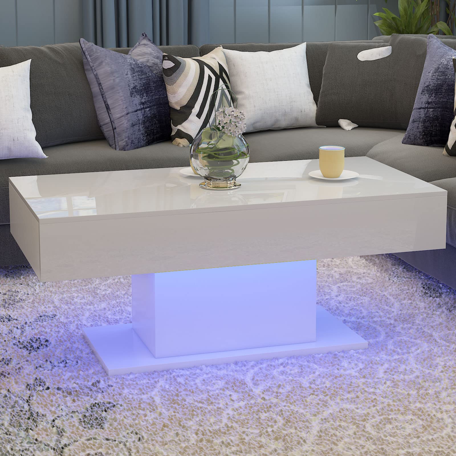 16-Color LED Coffee Table with Remote Control - High Gloss Modern Cocktail Table for Living Room, Bedroom & Lounge - White LED Lighted Tea Table (BBCT02M1WH) - Perfect for Parties, Home Decor & Ambient Lighting