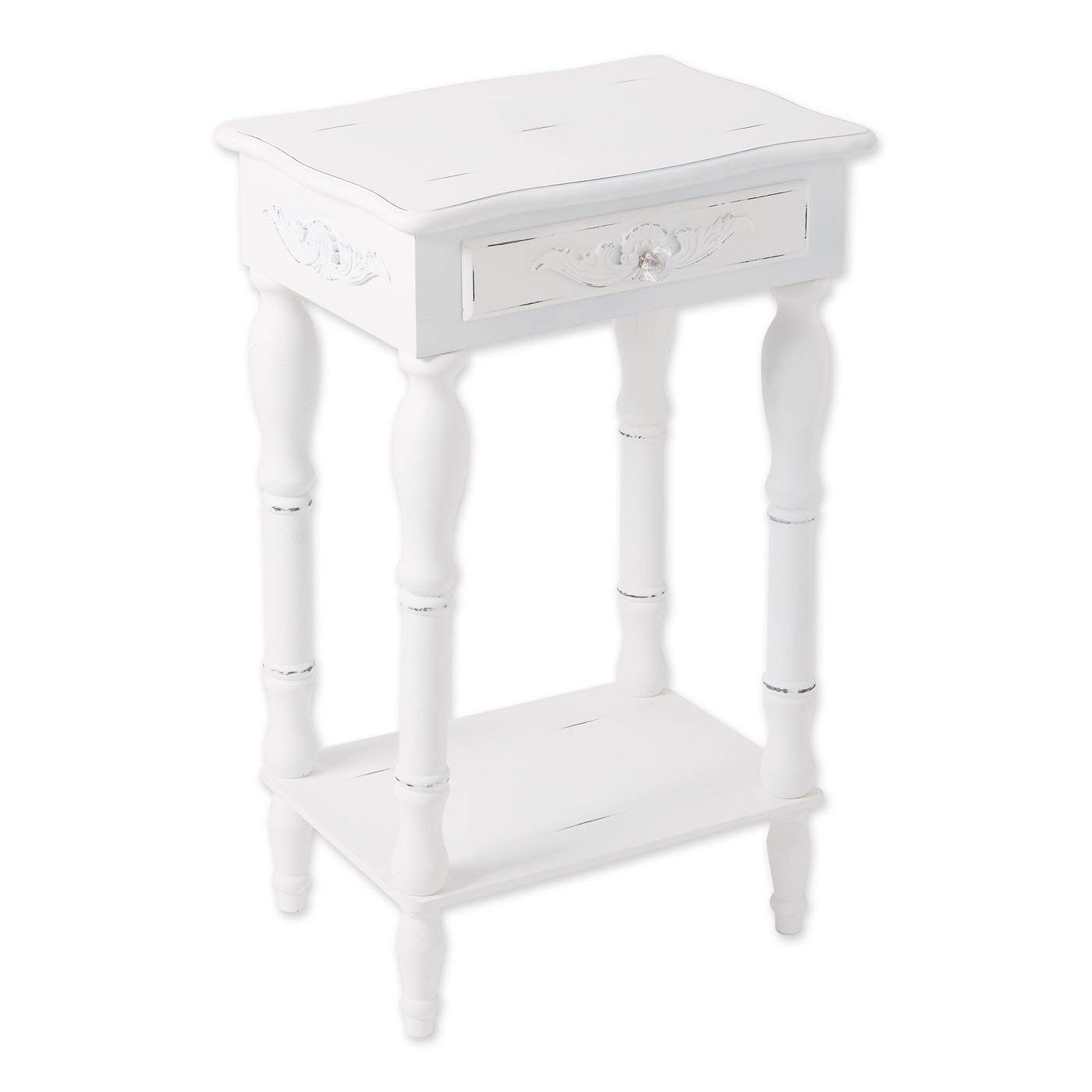 Set of 2 Distressed White Wood Nightstands - Vintage Carved Bedside Tables for Bedroom Decor, Farmhouse Style Furniture with Storage Shelf