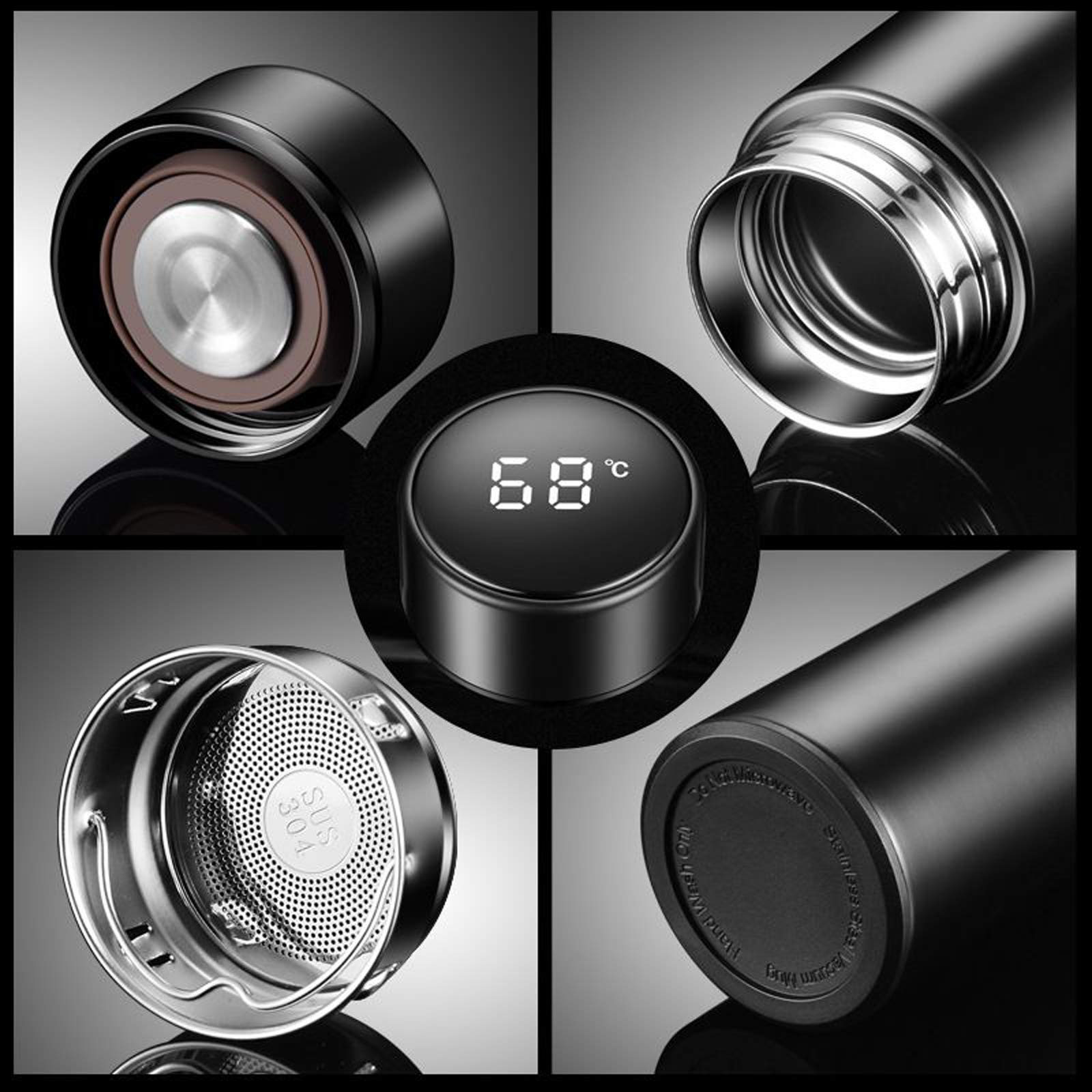 One94Store 500ml Smart LED Temperature Display Stainless Steel Vacuum Insulated Water Bottle - Double Wall Thermos for Hot & Cold Drinks, Leak Proof Travel Mug (Black) - Perfect for Gym, Hiking, Office & Outdoor Activities