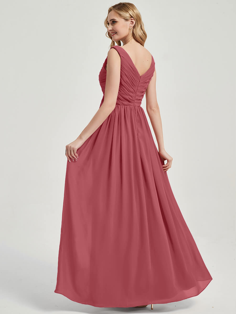 Elegant V-Neck Sleeveless Empire Waist Chiffon Maxi Dress for Bridesmaids - Desert Rose Color - Perfect for Weddings, Formal Events & Special Occasions