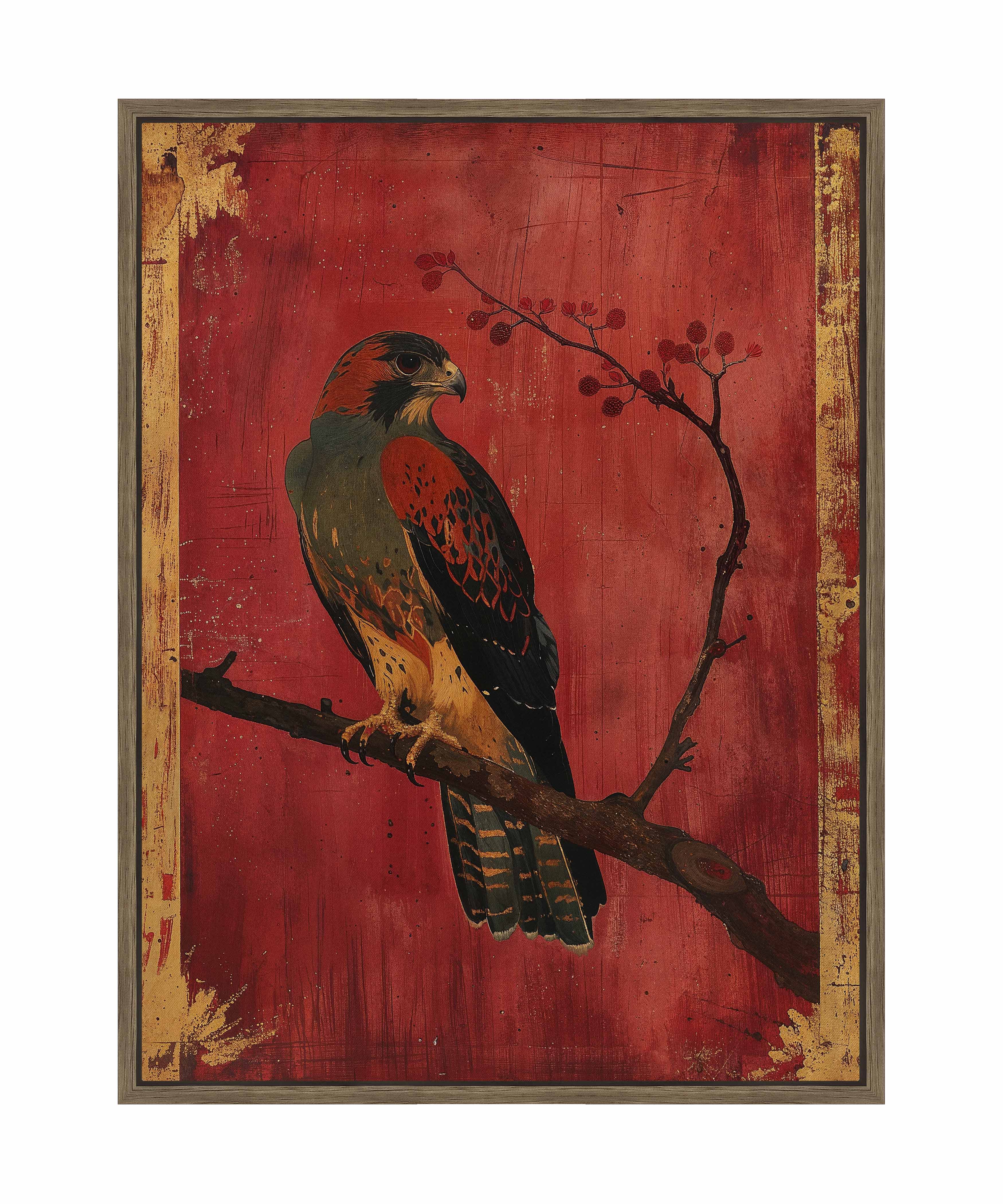 Crimson Majesty Falcon of the Silk Road Wall Art - Handmade Gallery Wrapped Canvas Painting for Living Room, Bedroom & Office Decor