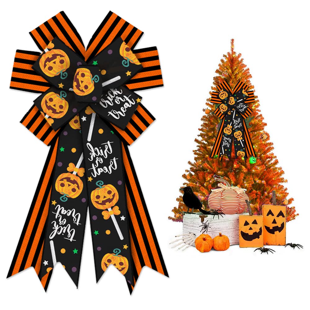 Halloween Wreath Bows - Large Orange & Black Striped Pumpkin Bows for Front Door Decor, Trick or Treat, Wall Ornaments & Tree Toppers | Indoor Outdoor Halloween Home Decoration for Parties & Seasonal Festivities