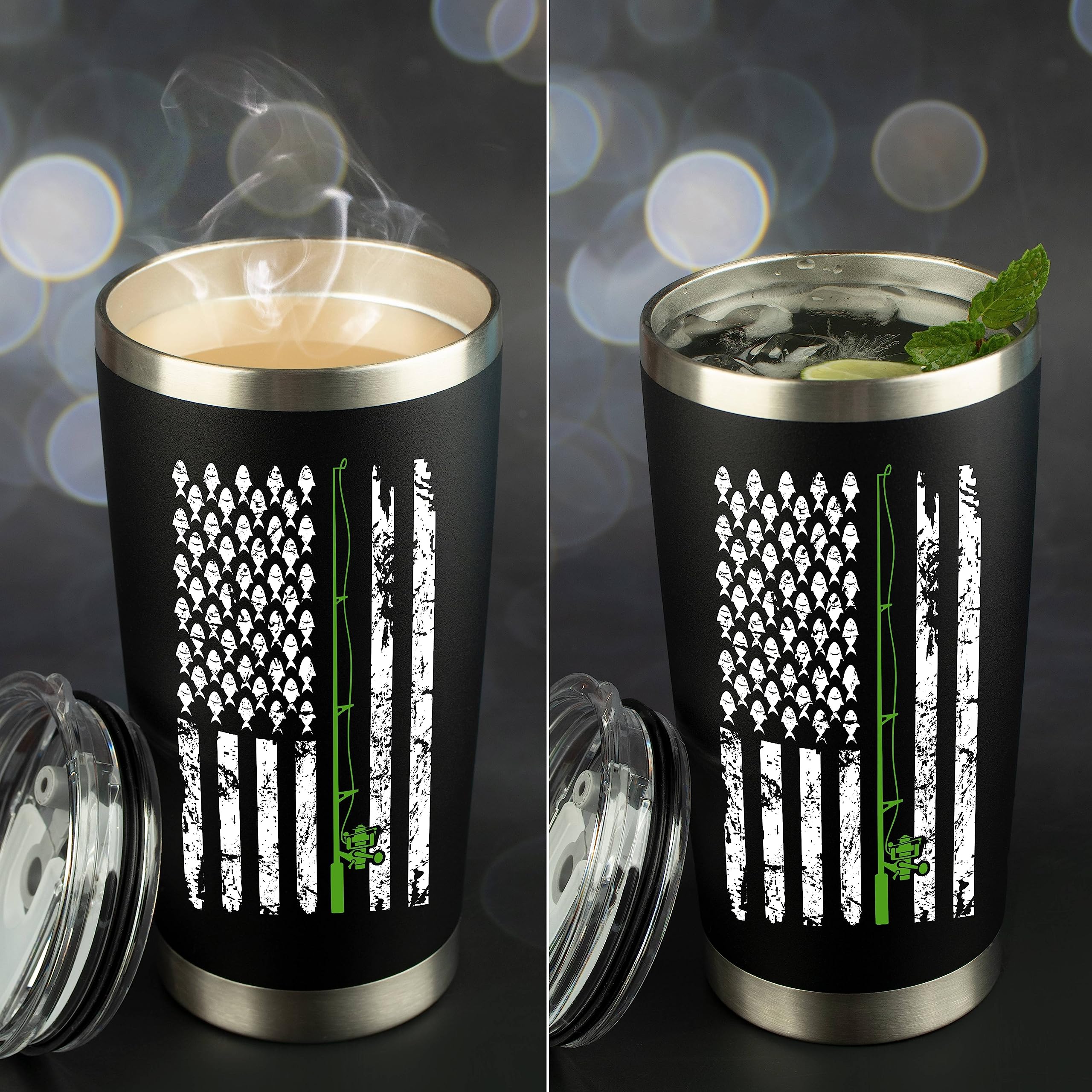 JENVIO 20oz Stainless Steel Travel Tumbler for Men - Double Wall Vacuum Insulated Coffee Mug with 2 Lids & 2 Straws - Funny Fishing Theme Gift for Valentine's Day, Birthday or Christmas - Perfect for Camping, Office & Outdoor Adventures