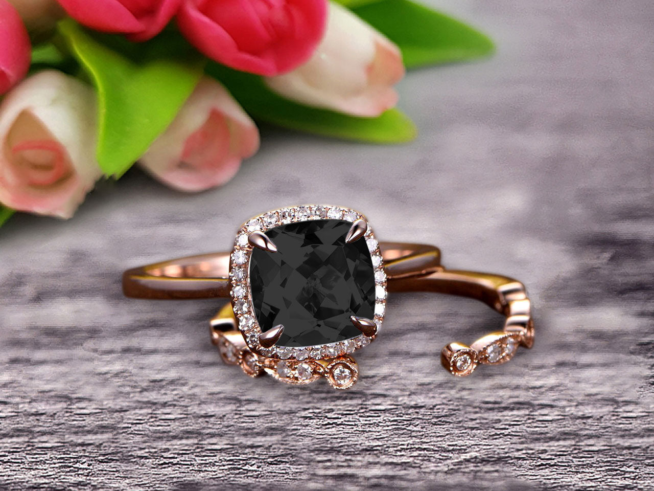10K Rose Gold Art Deco 1.50 Carat Cushion Cut Black Diamond Moissanite Wedding Engagement Ring Set with Matching Band - Anniversary Gift for Her, Bridal Jewelry for Proposals & Special Occasions