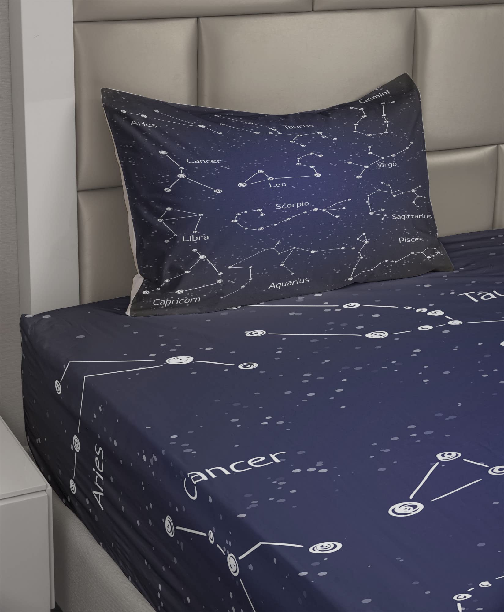 Ambesonne Constellation Bed Sheet Set - Doodle Chalk Style Zodiac Stars & Sign Names, 3-Piece Twin XL Fitted & Flat Sheets with Pillowcase - Dark Blue & White | Perfect for Astronomy Lovers' Bedrooms, Dorm Rooms & Themed Decor