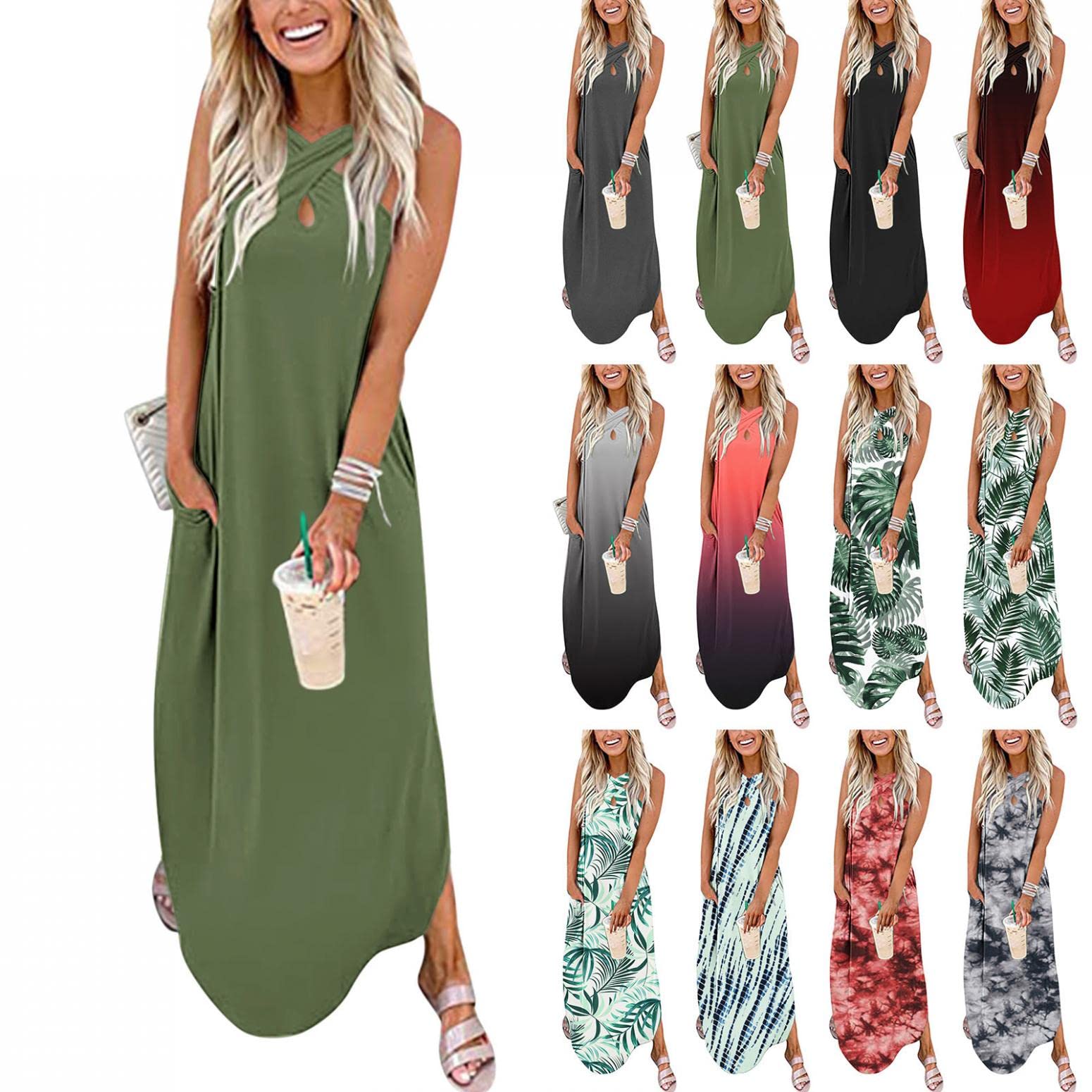 Vintage Crisscross Sleeveless Maxi Sundress for Women - Casual Loose Long Summer Dress with Pockets, Split Design for Beach & Vacation Wear - Black
