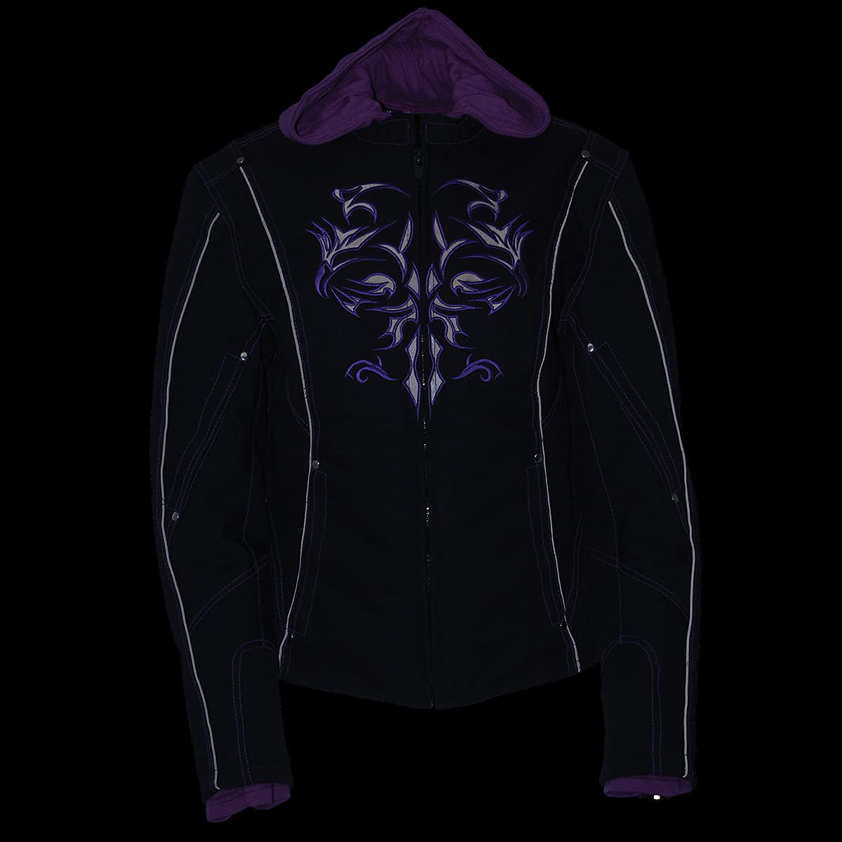 Milwaukee Leather MPL1967 Women's 3/4 Sleeve Hooded Black & Purple Motorcycle Jacket with Reflective Tribal Design - Plus Size 5XL - Perfect for Riding & Outdoor Adventures