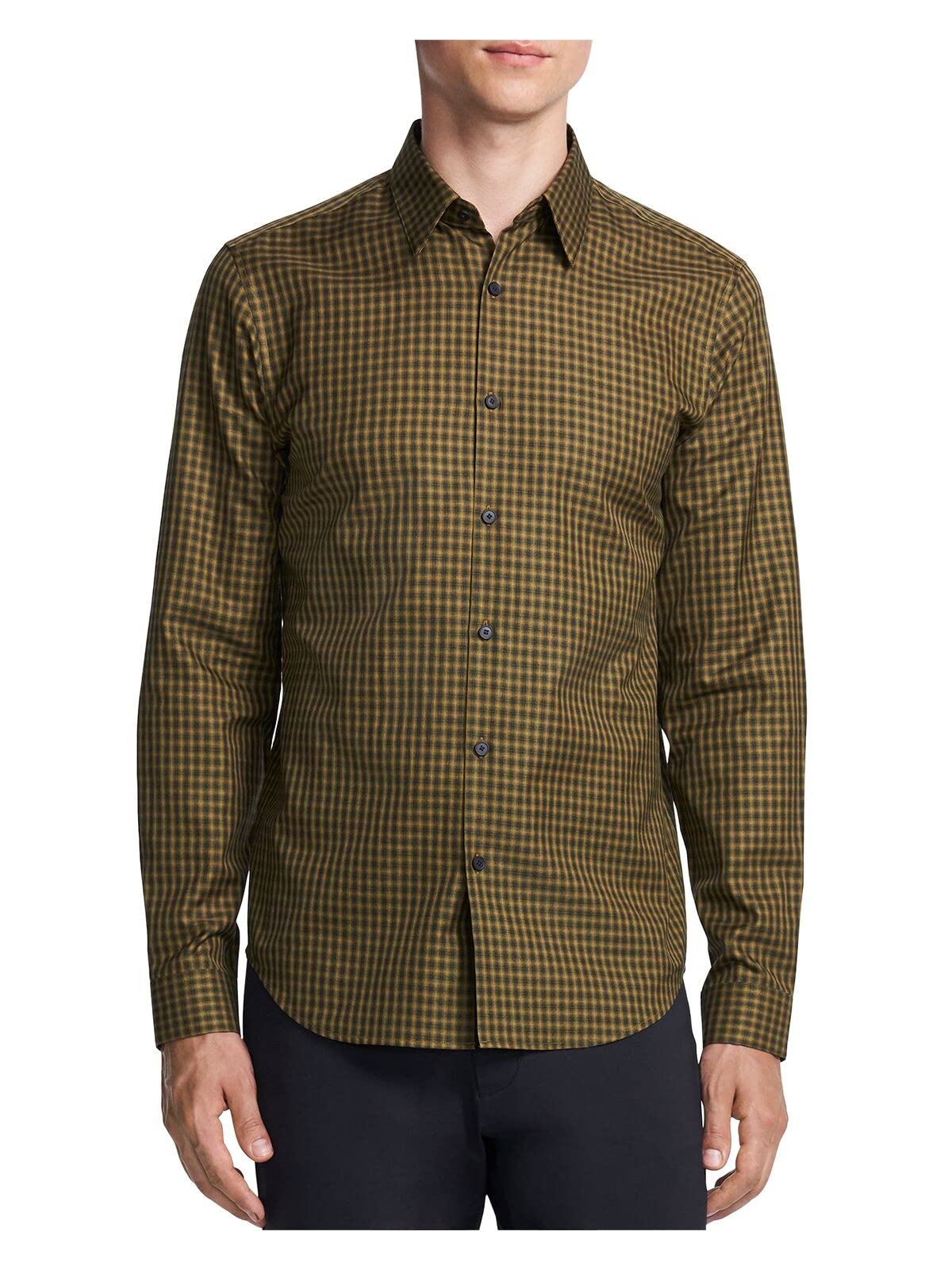 Theory Men's Yellow Gradient Check Collared Dress Shirt Slim Fit Business Casual Office Wear for Work & Formal Events