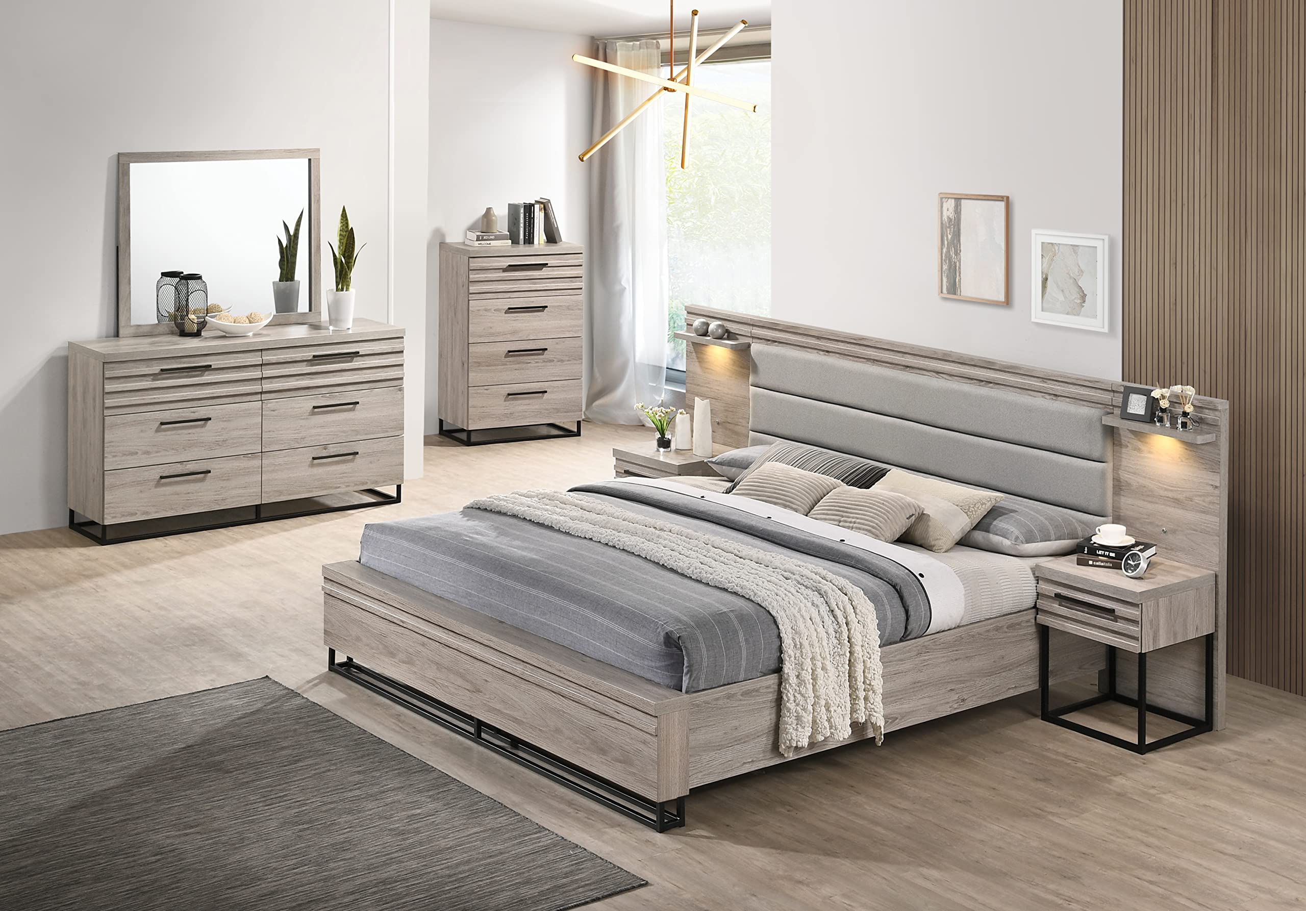 Roundhill Furniture Alvear Upholstered Wood Wallbed with White LED Lights, Dresser, Mirror, Chest & 2 Nightstands - King Size Murphy Bed for Small Spaces & Guest Rooms - Space Saving Bedroom Set with Storage & Modern Lighting