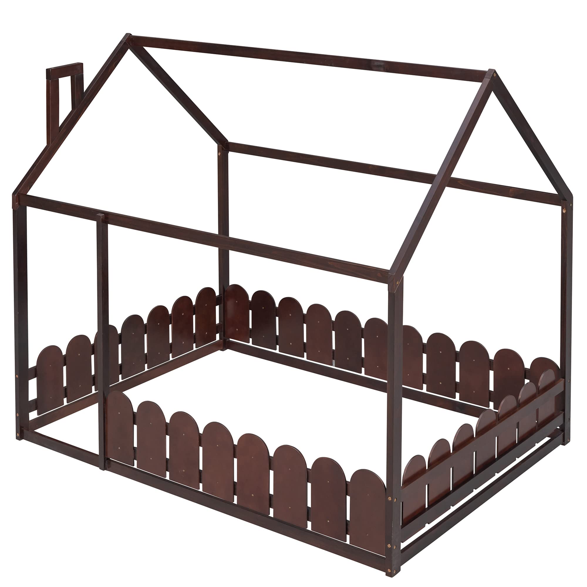 P PURLOVE Full Size Wooden House Bed Frame with Fence-Style Guardrails - No Slats Included - Espresso Finish - Perfect for Kids, Teens, Boys & Girls Bedrooms, Playrooms or Nursery Decor