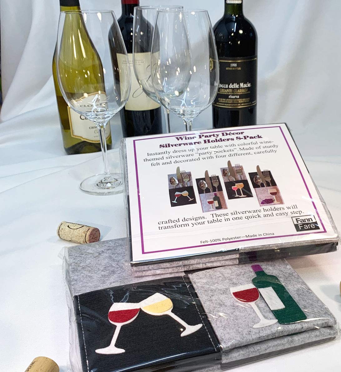 Premium Wine Tasting Party Silverware Holders Set - 8 Pack Durable Colorful Felt Napkin Rings with Wine Bottle, Glass & Grape Designs - Perfect for Entertaining, Book Clubs, Housewarming Gifts & Dinner Parties