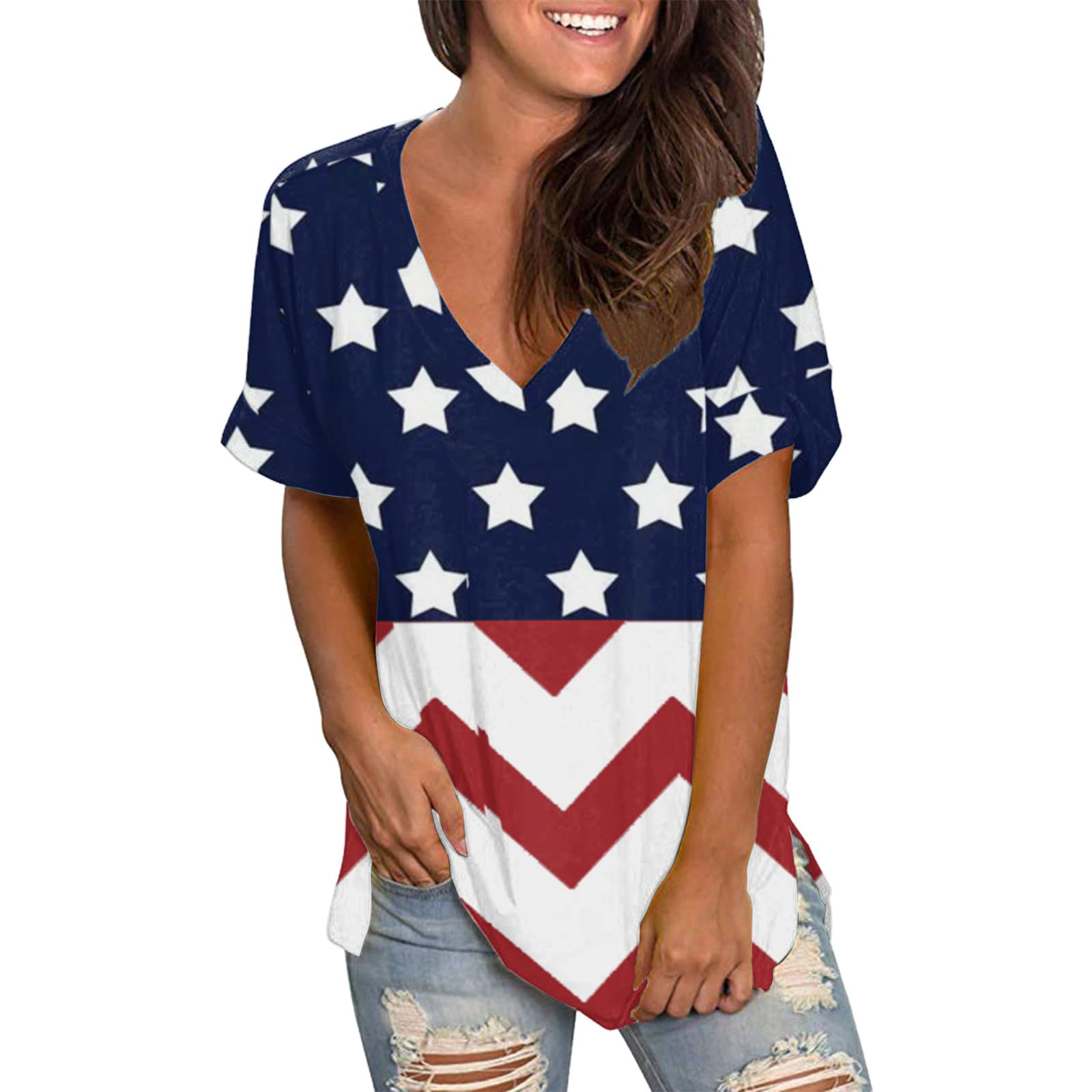 BEUU Women's Summer Star Print Short Sleeve V-Neck T-Shirt - Side Split Tunic Pullover Top for 4th of July | Casual Wear, Beach Outfits, Holiday Celebrations