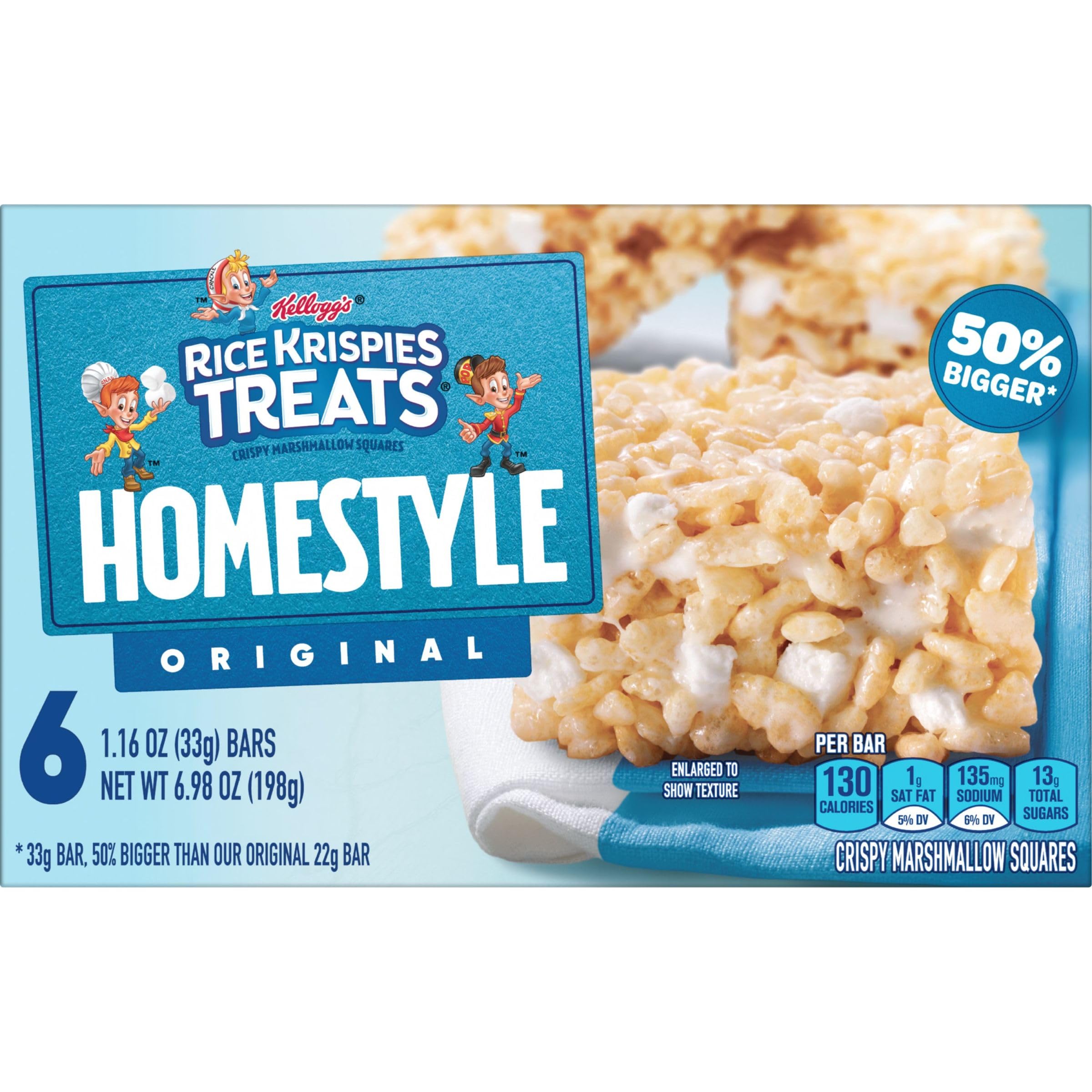 Kellogg's Rice Krispies Treats Homestyle Crispy Marshmallow Squares - Original Flavor Cereal Bars (6.98oz Box, 6 Bars) | Kids Snacks, Lunchbox Treats & After-School Snacks for Children