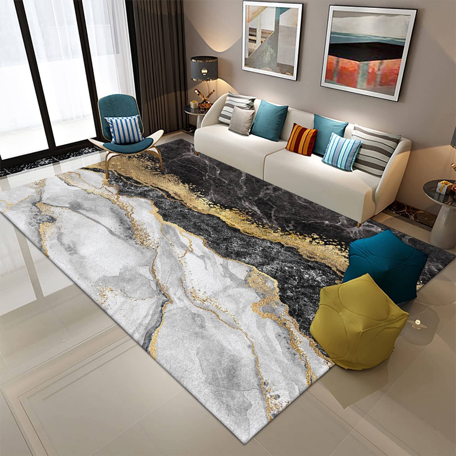 Abstract Modern Marble Area Rug 5' x 6' - Black & Gold Marble Pattern Non-Slip Floor Carpet for Living Room, Bedroom & Home Decor - Perfect for Sofa, Coffee Table & Dining Area