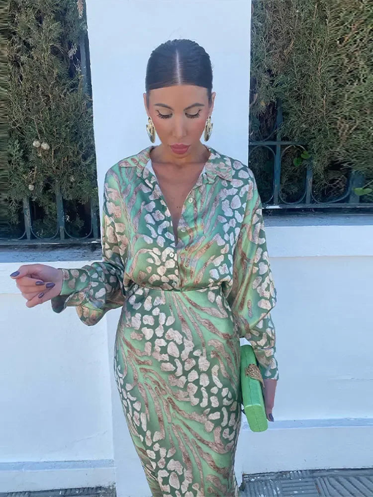 Stylish Women's Printed Shirt & High Waist Skirt 2-Piece Set - Summer Fashion Outfit with Lapel Sleeves for Casual Wear, Office, and Street Style