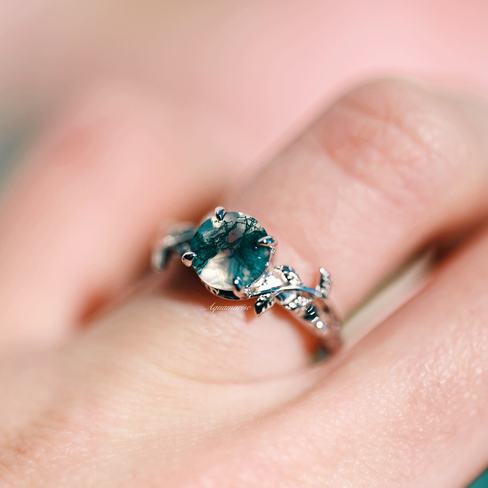 Natural Green Moss Agate Leaf Ring - Sterling Silver 925 Handmade Jewelry for Women, Nature-Inspired Boho Style, Perfect for Everyday Wear & Gift Giving