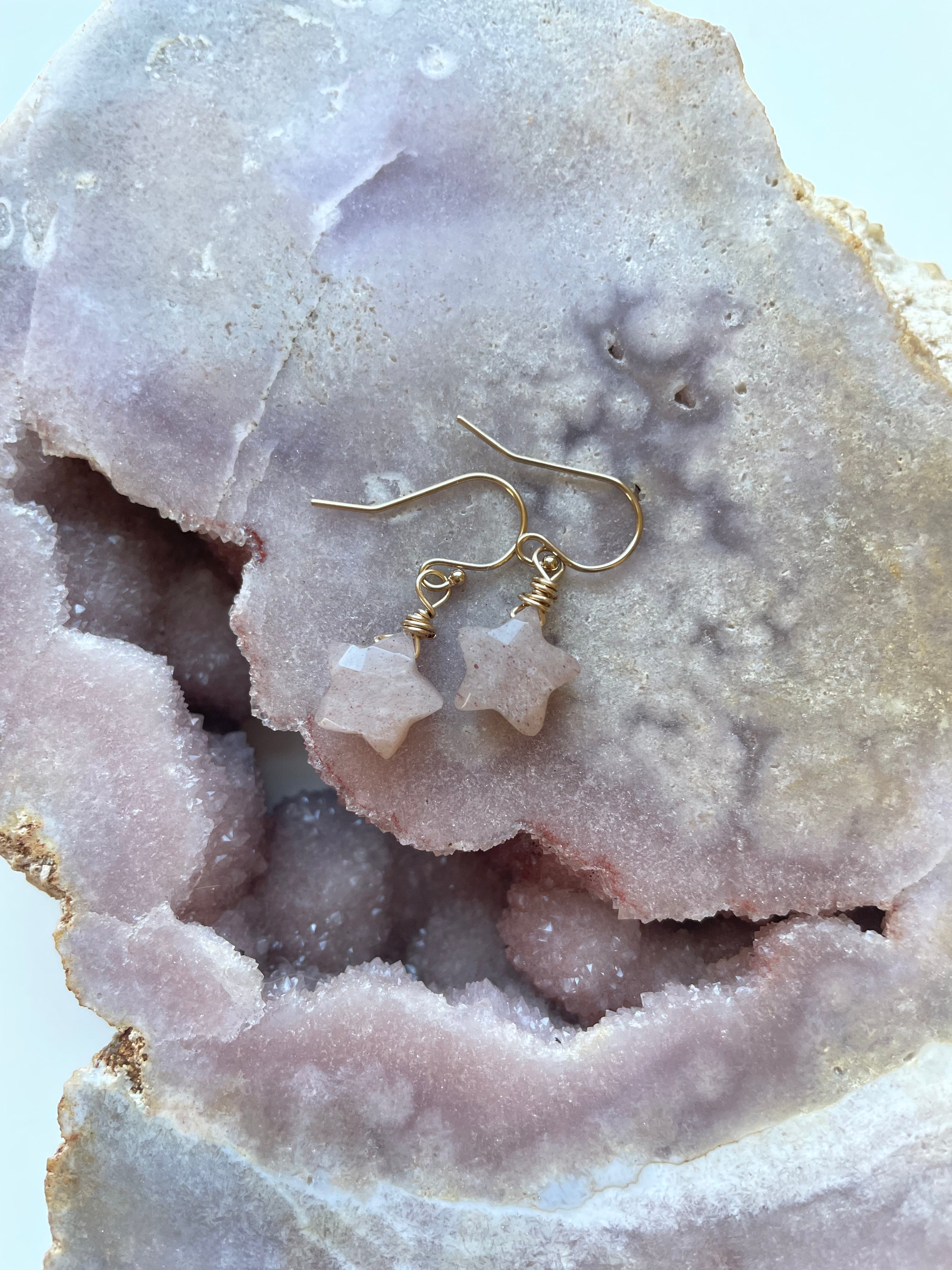 Peach Moonstone Star Earrings - Dainty Dangle Drop Earrings for Women | Perfect for Everyday Wear, Date Nights & Boho Jewelry Collection