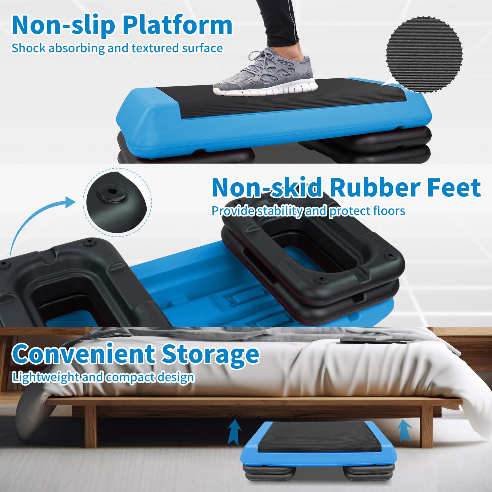 4''-6''-8'' Adjustable Aerobic Stepper with 4 Risers - Portable Workout Step Platform for Home Gym, Cardio, HIIT & Fitness Training - Ideal for Aerobics, Step Exercises & Weight Loss