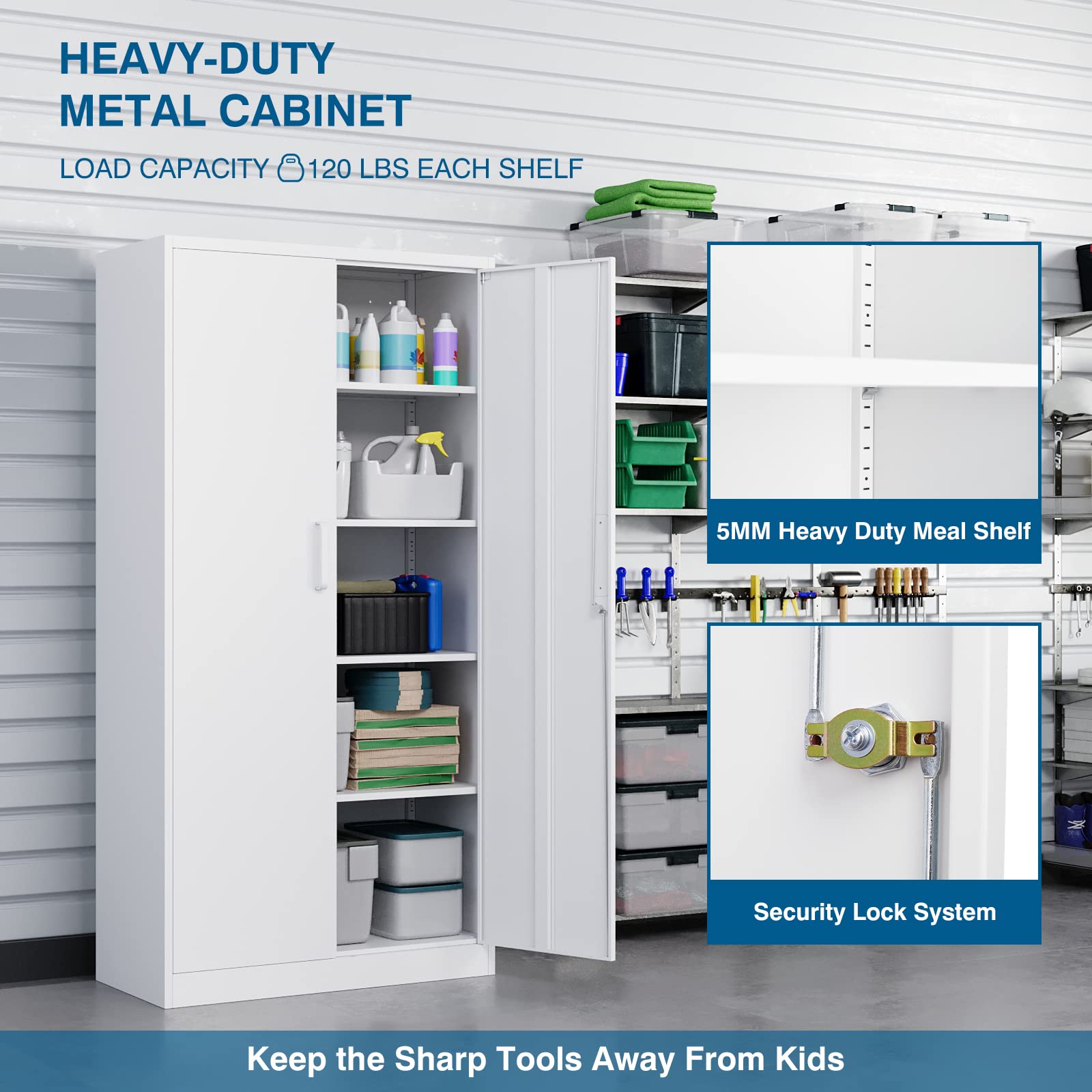 71-inch Tall Metal Garage Storage Cabinet with Adjustable Shelves & Locking Doors - Heavy Duty Tool Cabinet for Garage, Office, Home, School & Gym Organization (White) - Perfect for Storing Tools, Equipment & Supplies Safely