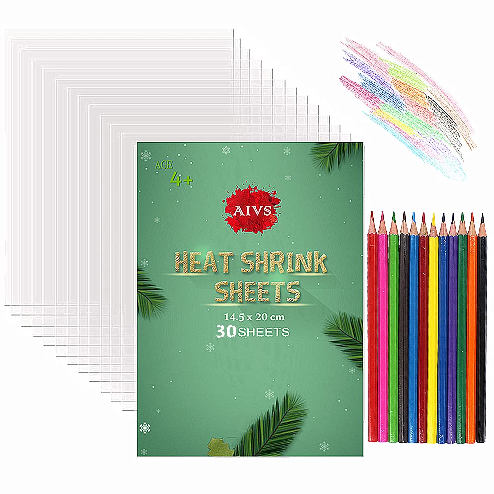 30Pcs Shrink Plastic Sheets for DIY Crafts & Jewelry Making with 12 Colored Pencils - Kids Art Projects