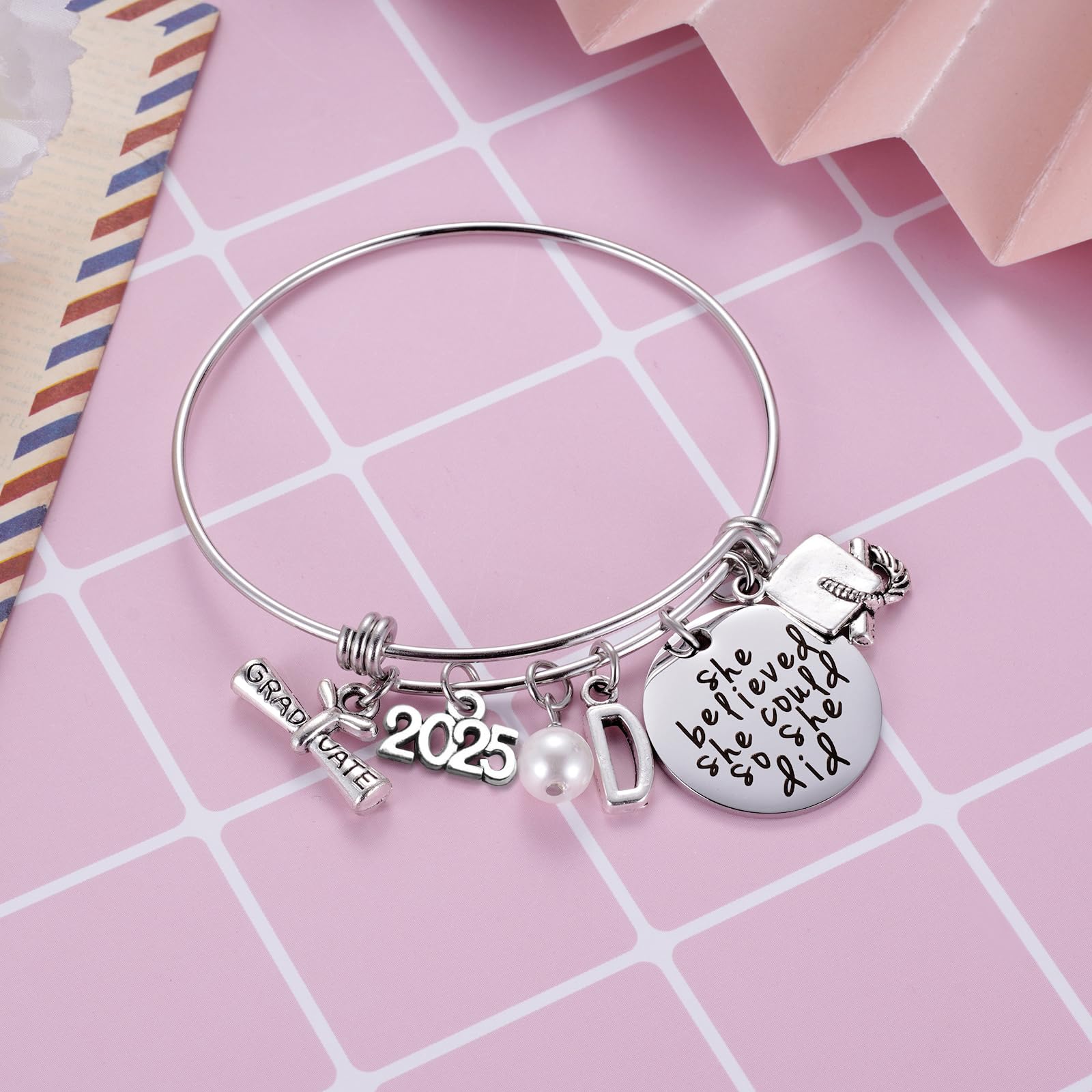 Ukodnus Class of 2025 Graduation Bracelet - Personalized 26 Initial Charm Bracelet for High School & College Seniors - Inspirational Gift for Women - Perfect for Graduation Ceremonies & Senior Year Celebrations