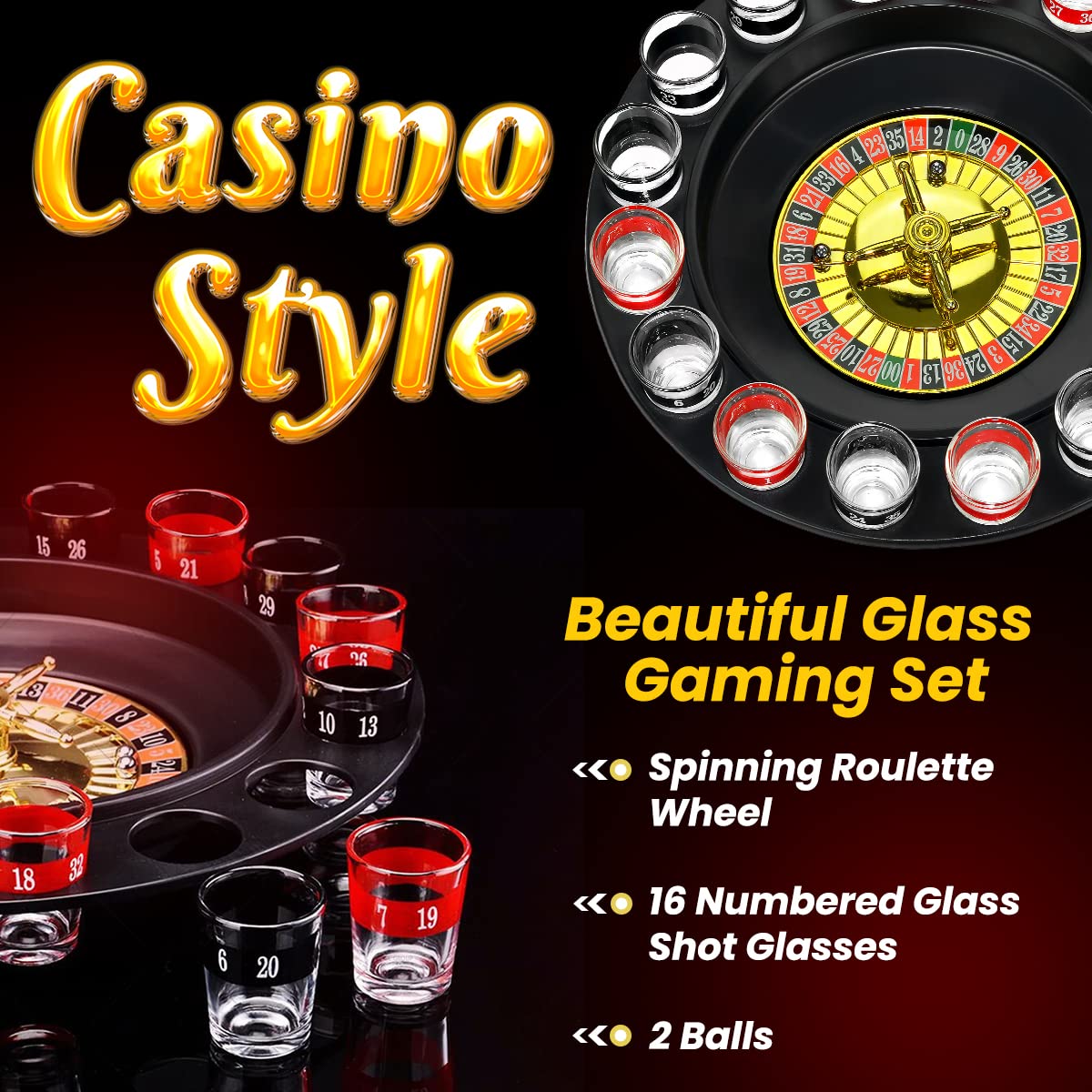 Casino Style Drinking Game Glass Roulette Set - 16 Shot Glasses & 2 Balls for Adult Party Games, Bachelor/Bachelorette Parties & Bar Nights - Fun Alcohol Drinking Accessories for Group Games & Social Events