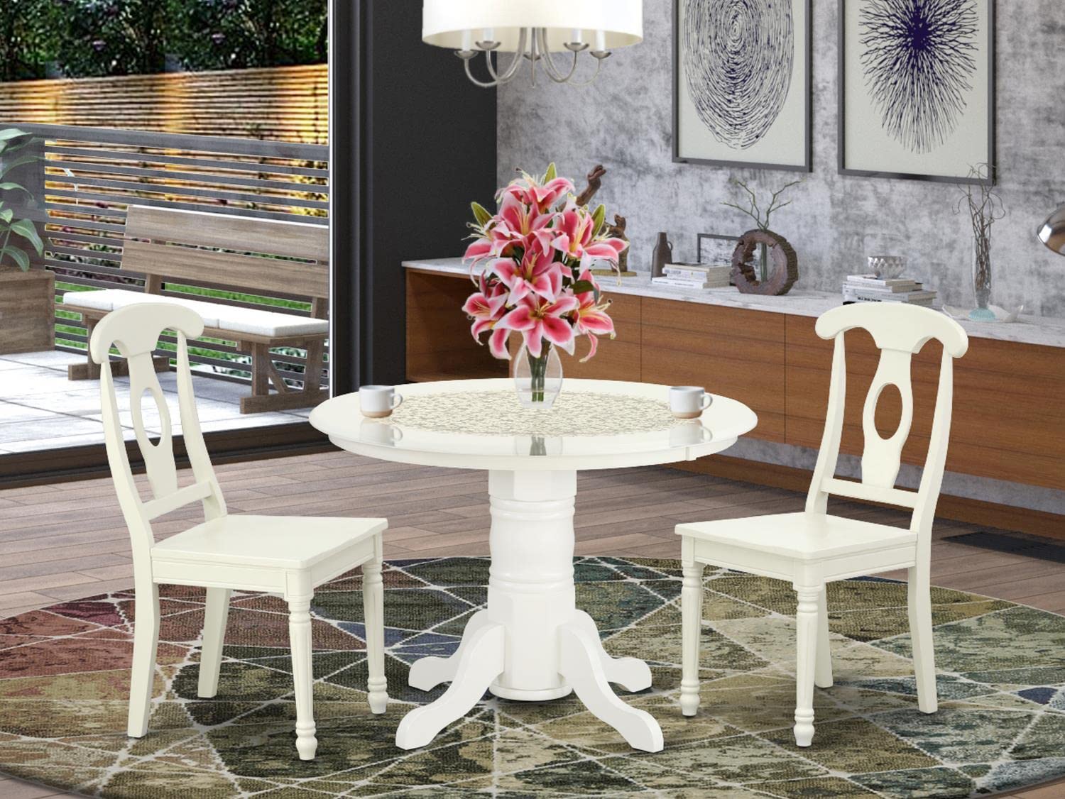 East West Furniture SHKE3-LWH-W 3-Piece Round Kitchen Dining Table Set with Pedestal Base & 2 Chairs, 42x42 Inch, Linen White - Perfect for Small Spaces, Breakfast Nooks & Cozy Apartments