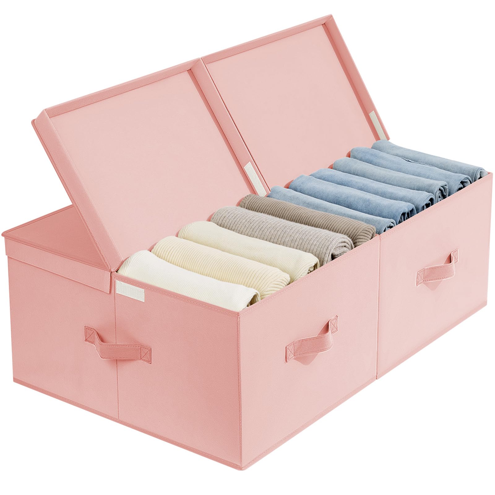 DIMJ 57 Quart Foldable Storage Bins with Lids - Closet Organizers for Bedroom, Office & Nursery | Space-Saving Storage Boxes for Clothes, Blankets & Toys | Stackable Shelving Bins in Pink (Great for Home Organization & Small Space Storage)