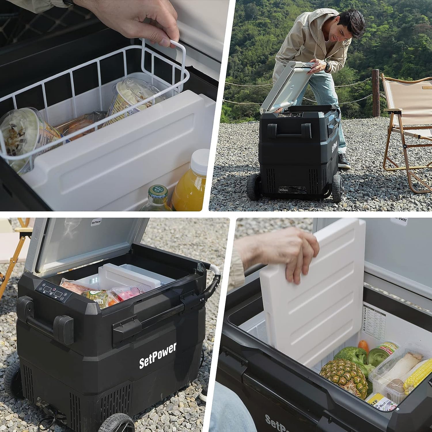 Setpower RV60D PRO 60QT/56L Dual Zone Portable Car Refrigerator with PG216Wh Power Station - 12V Adjustable Freezer for Road Trips, Camping & Home Use | Car Fridge for RV, Truck & Outdoor Adventures