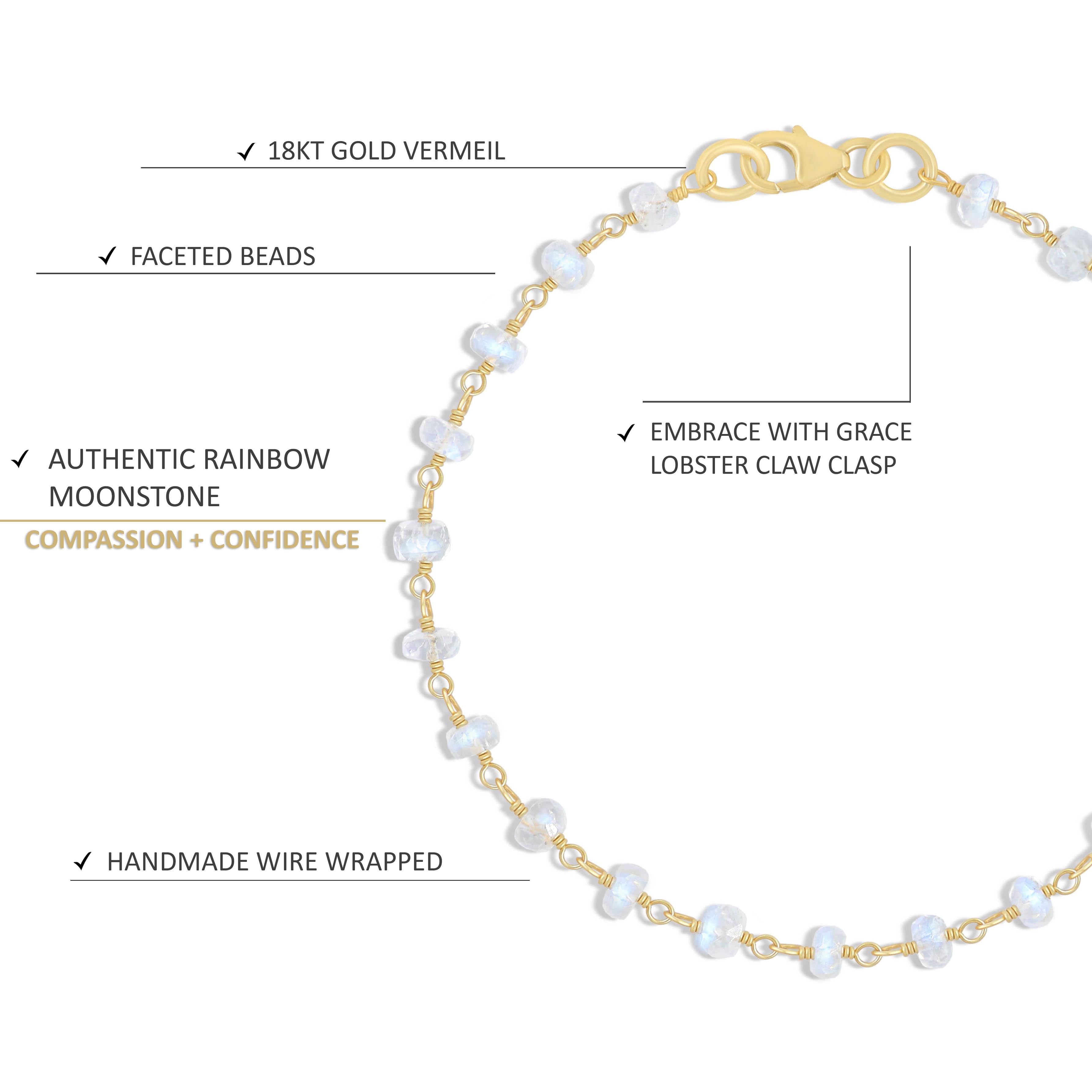 Natural Moonstone Wire Wrap Beaded Bracelet - Gold Filled Adjustable Yoga Meditation Healing Jewelry for Women