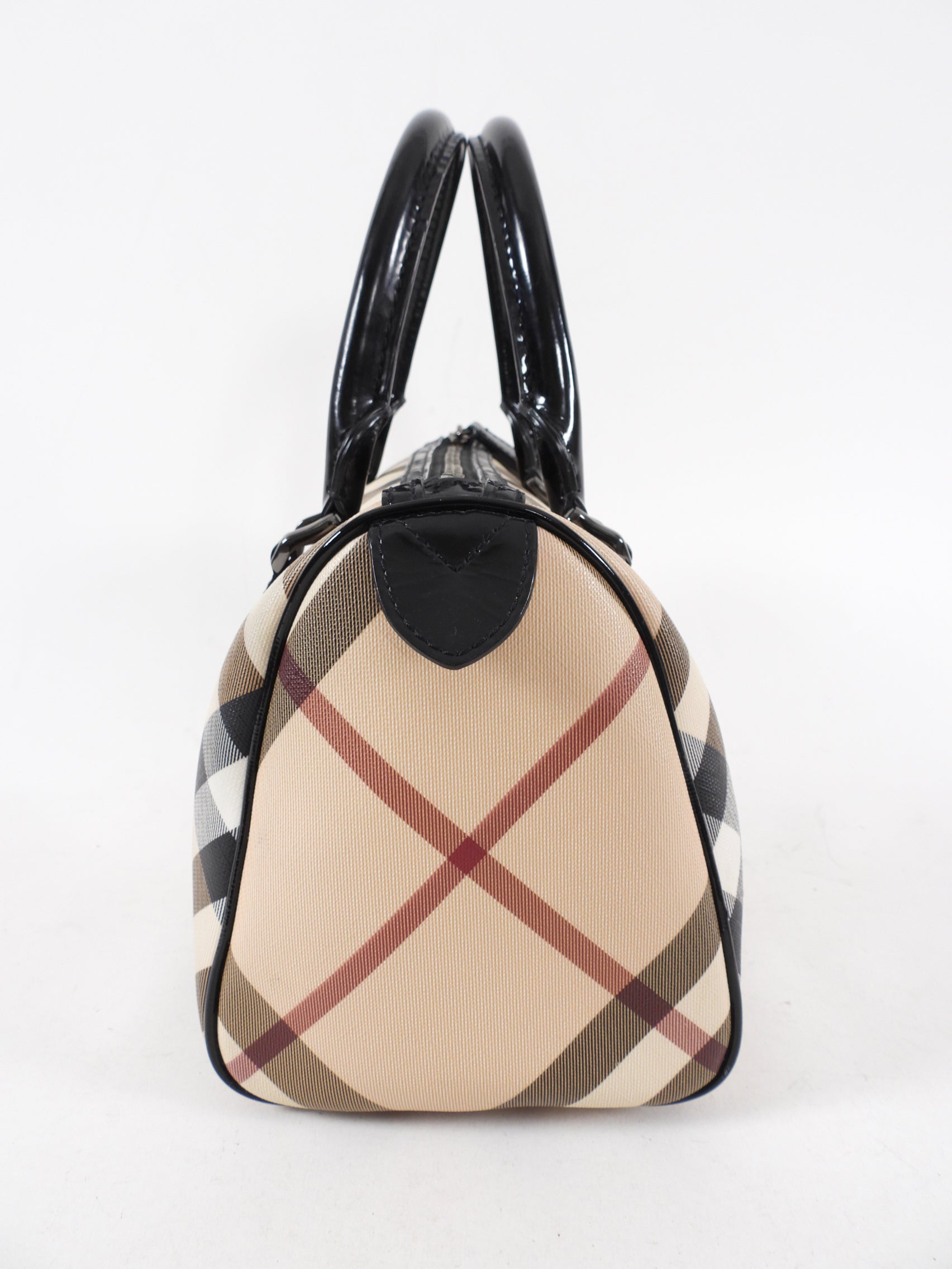 Burberry Nova Check & Patent Leather Small Boston Bag - Luxury Crossbody Handbag for Women, Perfect for Work, Travel & Everyday Use