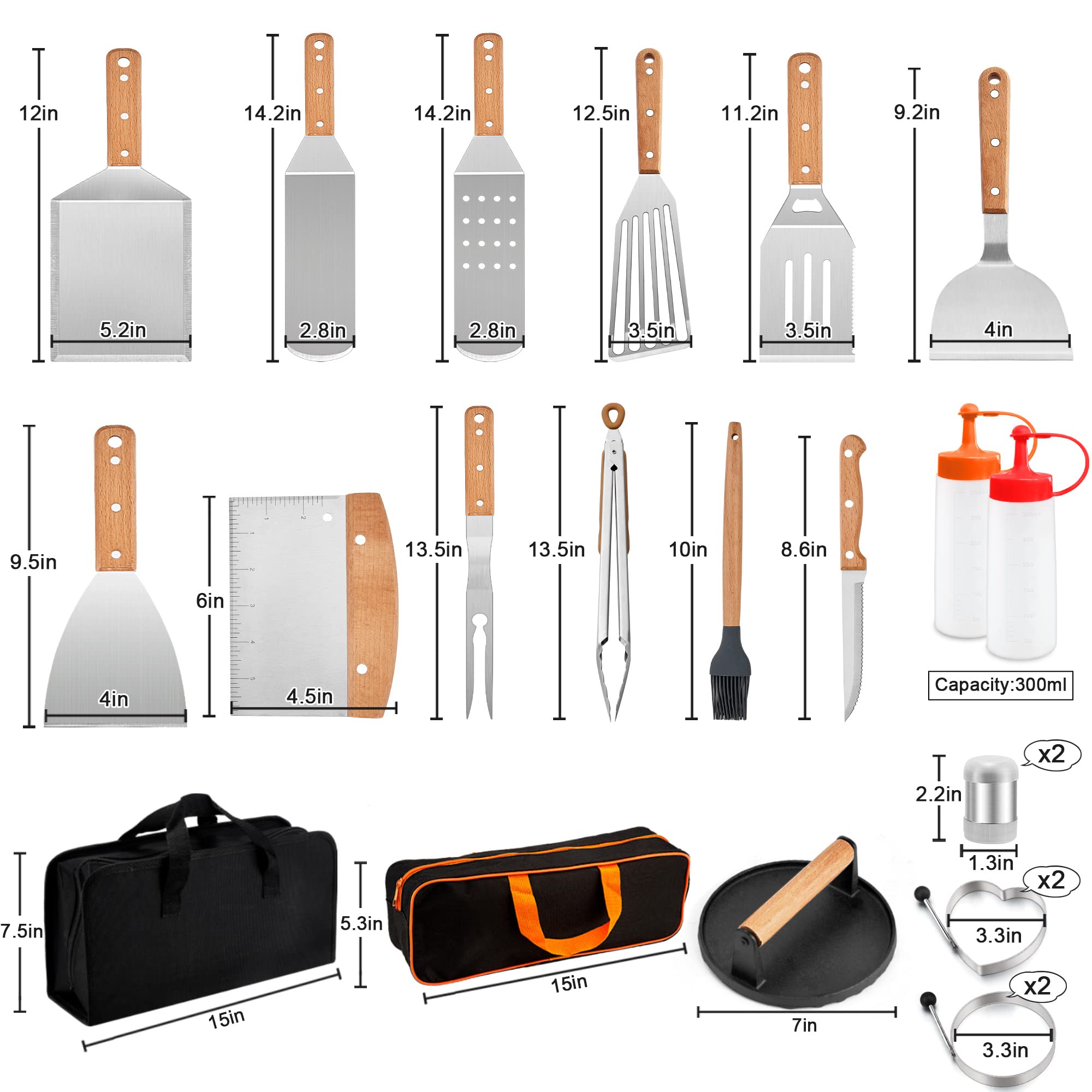 23Pcs Stainless Steel Griddle Accessories Kit - Joyfair BBQ Grilling Tool Set with Flat Top Spatulas & Cast Iron Burger Press - Perfect for Outdoor Hibachi, Teppanyaki & Backyard Cooking (Wooden Handles) - Ideal for Camping, Tailgating & Home Grilling Parties