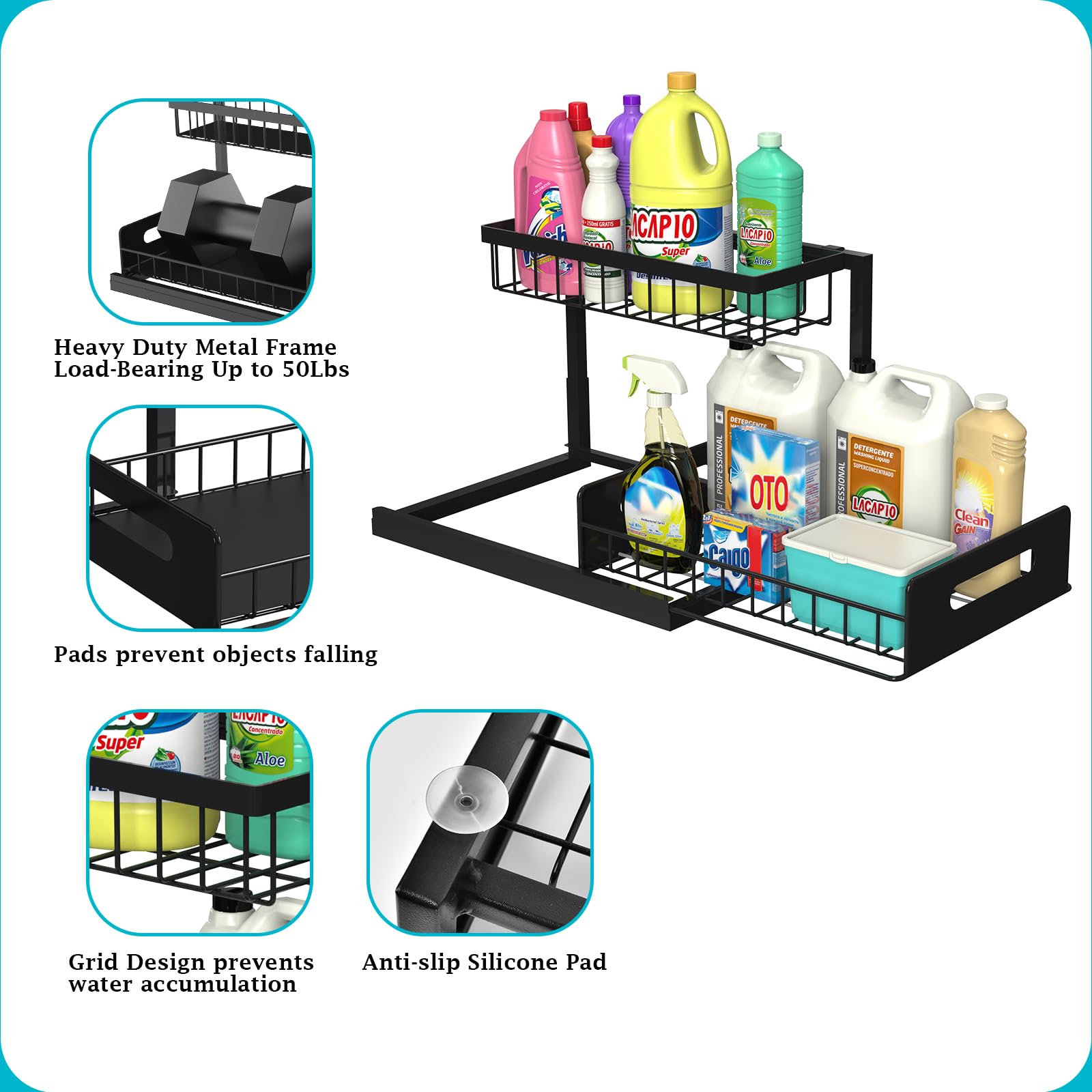 REALINN Under Sink Organizer - Pull Out Cabinet Organizer with Slide Out Shelf for Kitchen & Bathroom Storage - Space Saving Solution for Cleaning Supplies, Sponges & Toiletries - Black (2 Pack)