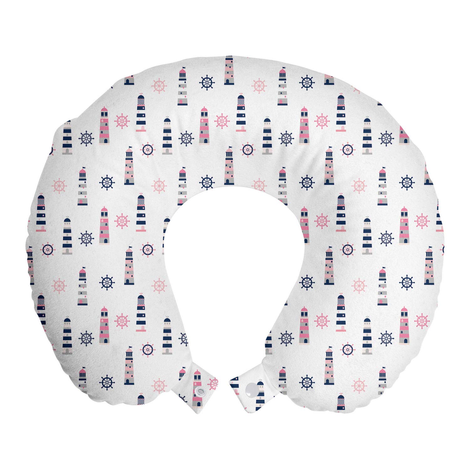 Ambesonne Nautical Memory Foam Travel Pillow - Sea Coast Lighthouse & Steering Wheel Design, 12