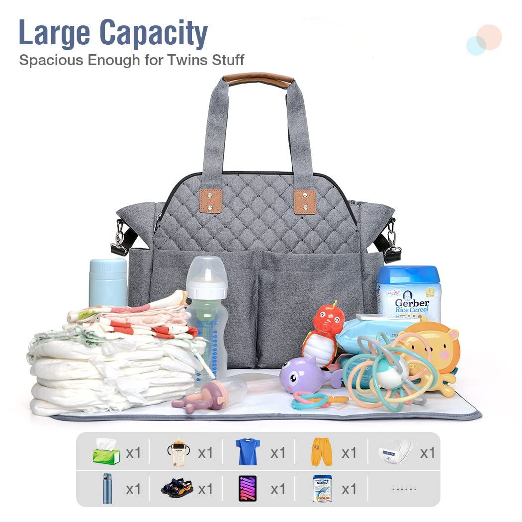 Lekebaby Waterproof Diaper Bag Tote - Large Baby Bag for Moms, Hospital & Travel - Grey Messenger Purse | Perfect for Newborn Essentials, Daycare & Family Outings