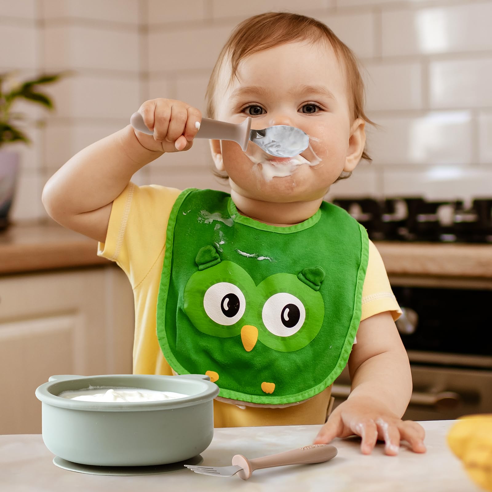 6-Piece Toddler Utensil Set with Silicone Handle - BPA-Free Kids Safe Spoons & Forks - 18/8 Stainless Steel & Food-Grade Silicone - Dishwasher Safe - Perfect for Baby-Led Weaning, Preschool Meals & Travel Feeding (Tan)