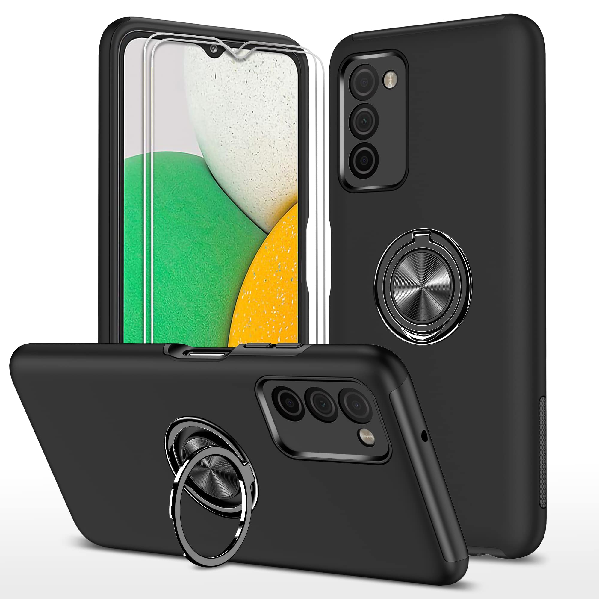 Premium Samsung Galaxy A03S Case (2022) with 2 Tempered Glass Screen Protectors & Magnetic Ring Holder - Slim Protective Cover for 6.5