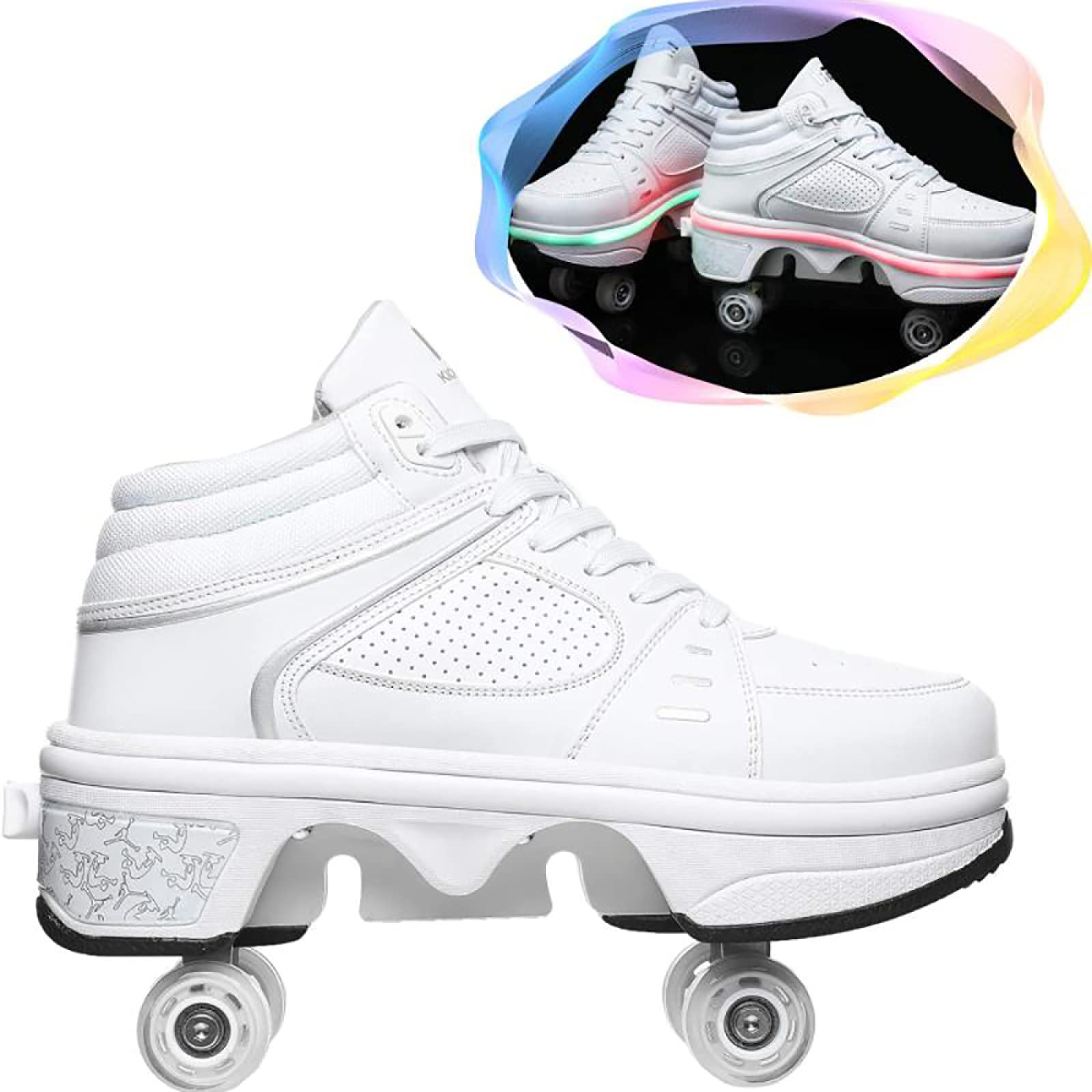 GKZJ LED Light Up Roller Shoes for Men & Women - 4 Wheel Deformable Sneakers with Casual Walking & Running Skates - White (EUR 35) | Perfect for Outdoor Fun, Fitness, and Stylish Commuting