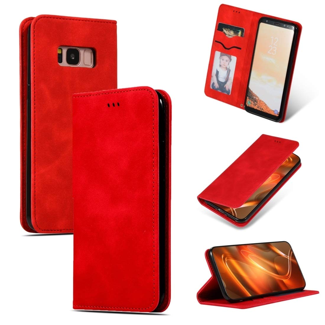 Premium Retro Leather Phone Case for Galaxy S8 - Magnetic Flip Cover with Soft Skin Feel, Business Style (Red) | Perfect for Work, Travel & Everyday Protection