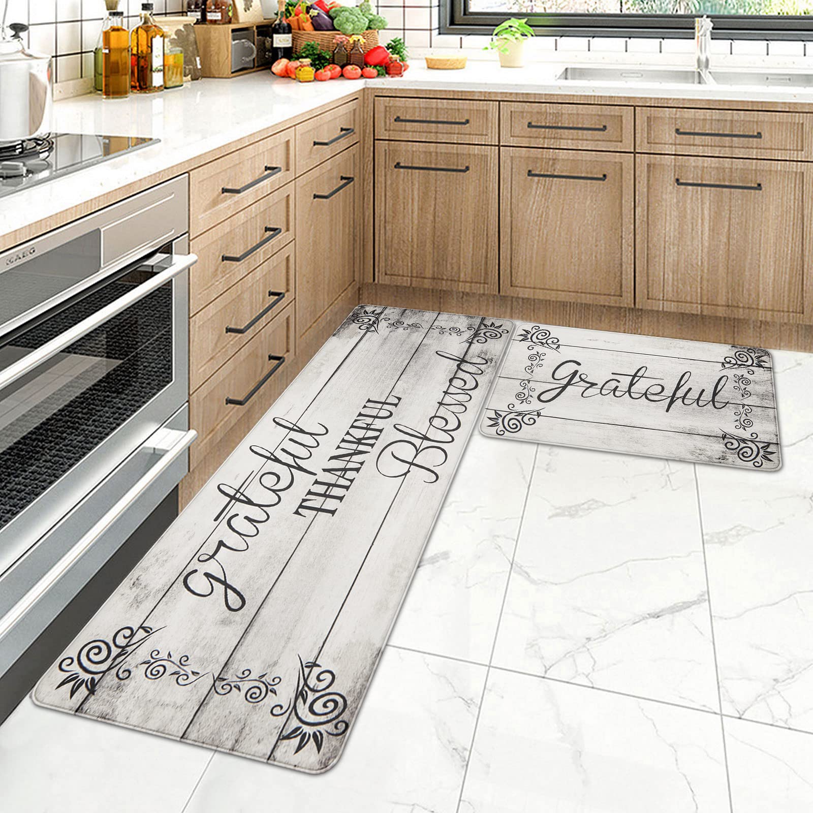 HEBE Anti-Fatigue Kitchen Mat Set of 2 - Non-Slip Cushioned Floor Mats for Standing, Waterproof Farmhouse Style - Perfect for Kitchen Sink, Office Desk & Laundry Room (Comfortable Standing Solution for Home & Work)
