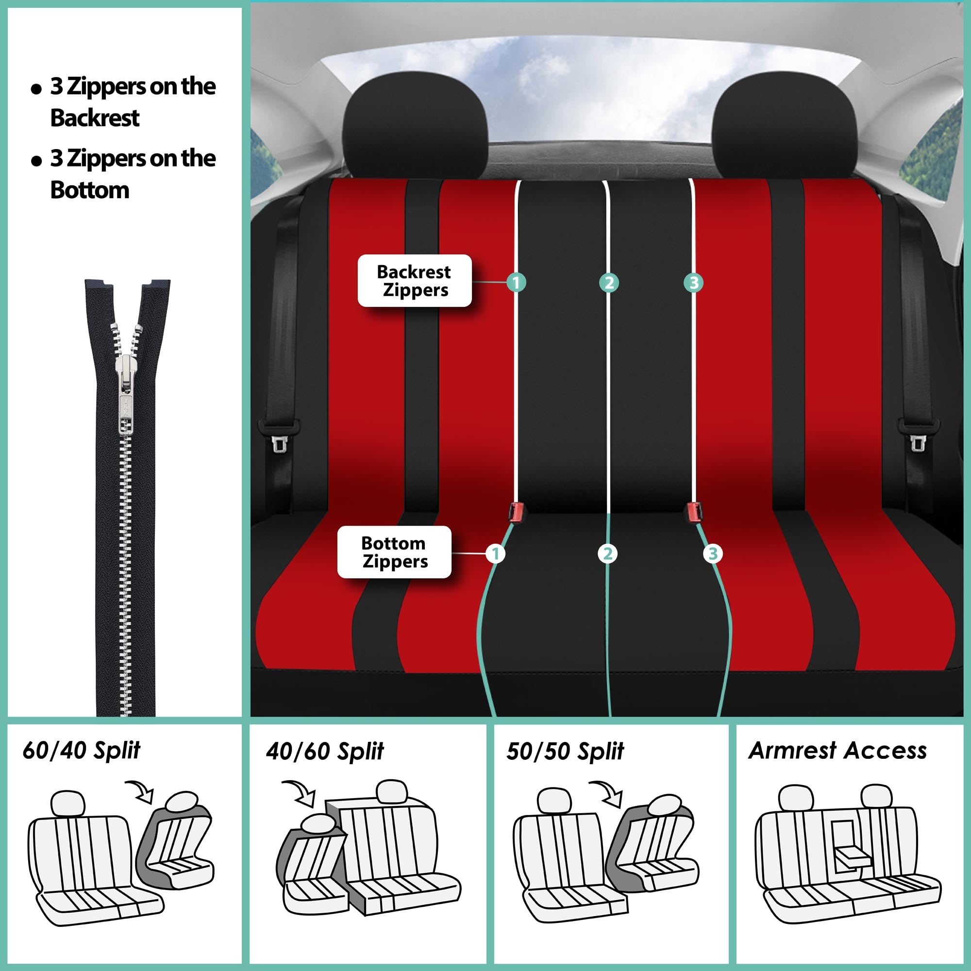 Premium FH Group Universal Car Seat Covers Full Set - Breathable Cloth Fabric, Airbag Compatible for Sedan, SUV, Van | Low Back Front & Split Bench Rear Seat Protectors | Perfect for Daily Commute, Road Trips & Family Travel (Red)