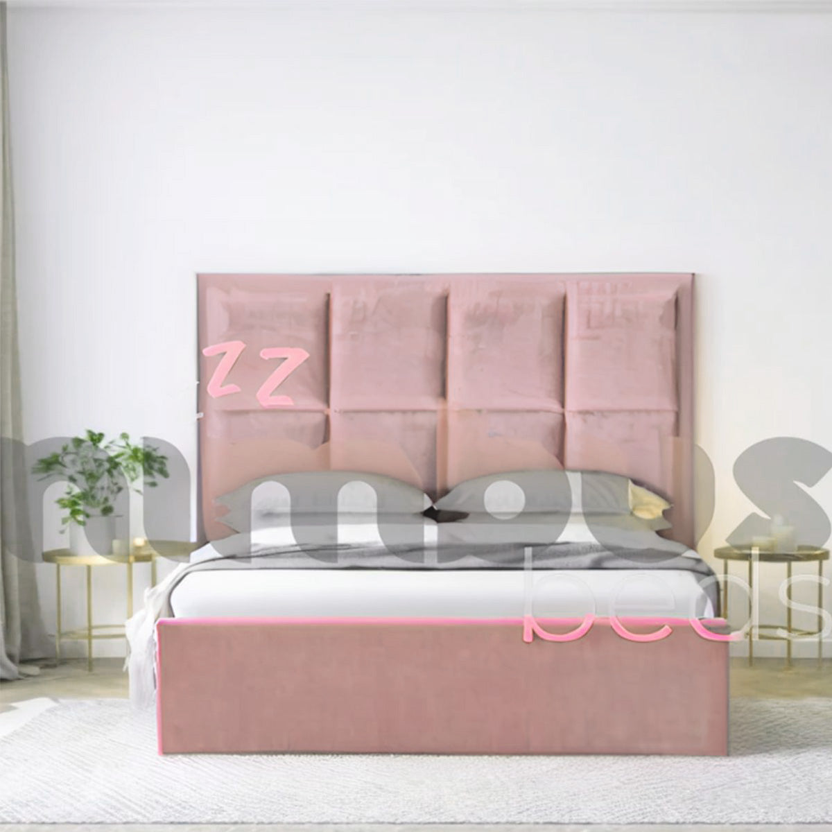 8 Square Panel Bed Frame - Queen Size Wooden Platform Bed with Upholstered Headboard - Perfect for Modern Bedrooms & Guest Rooms