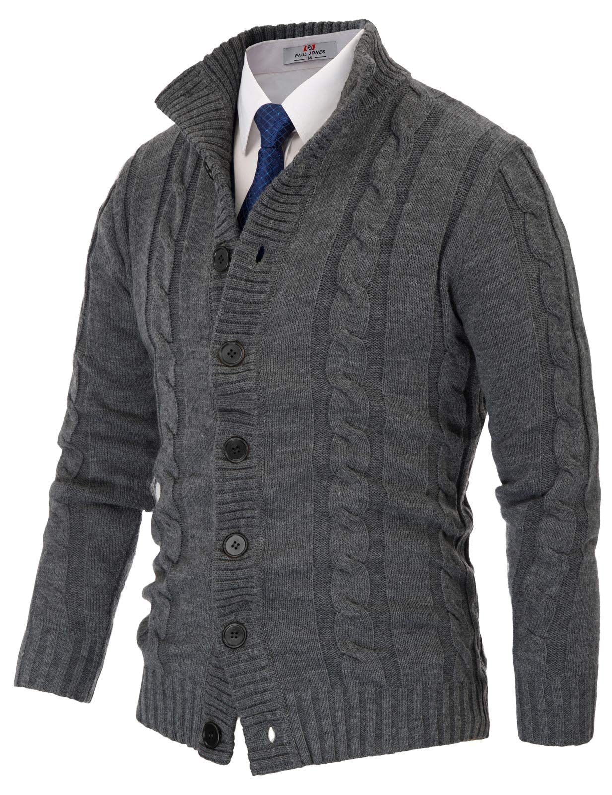 PJ PAUL JONES Men's Stand Collar Cable Knit Button Cardigan Sweater - Warm Winter Pullover for Casual Outfits & Office Wear