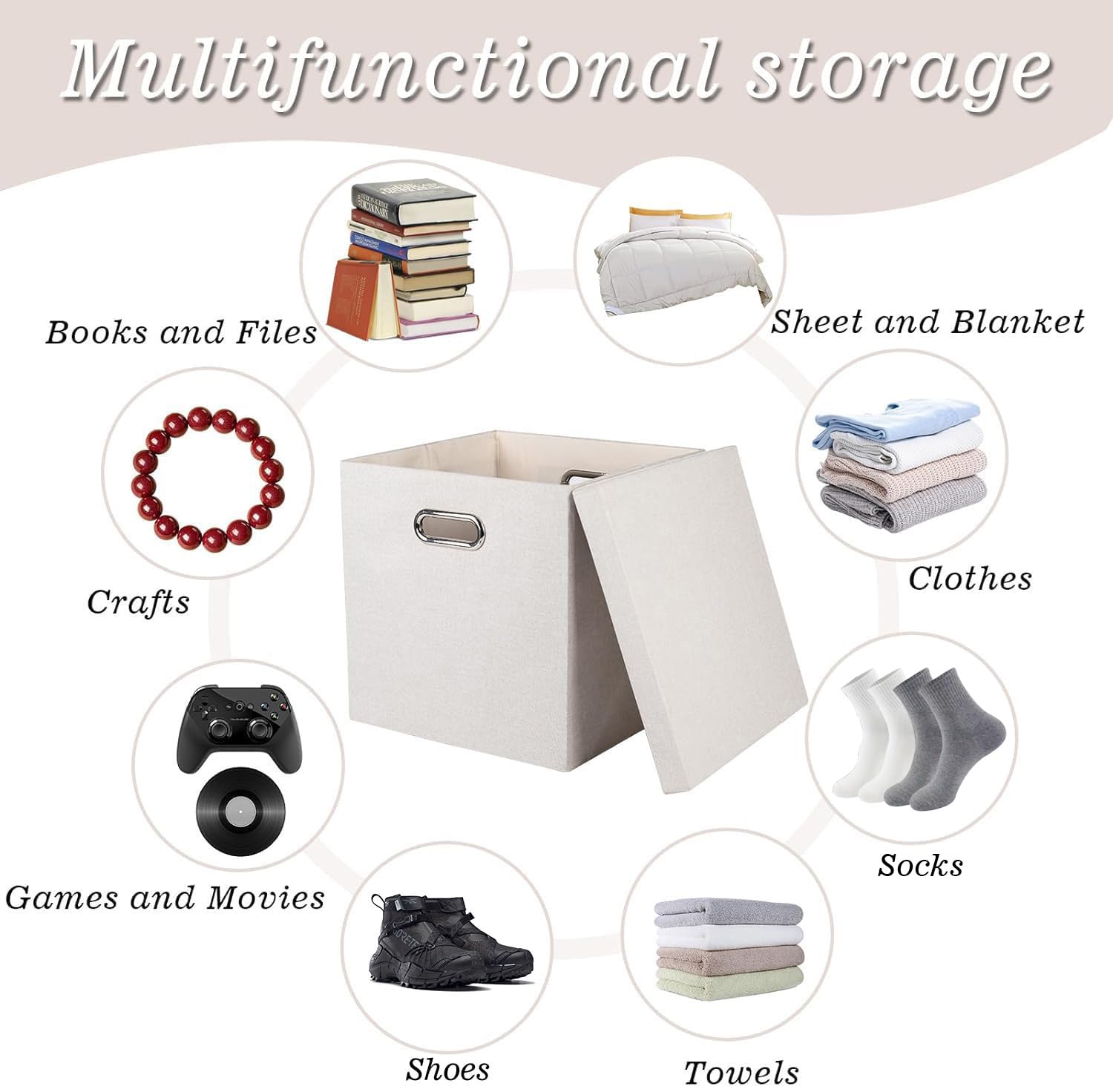 Collapsible Fabric Storage Bins with Lids - 4 Pack Foldable Linen Organizer Boxes for Closet, Shelves, Home & Office (11x11x11 Inches, Beige) | Perfect for Seasonal Clothes, Toys, Blankets & Home Organization