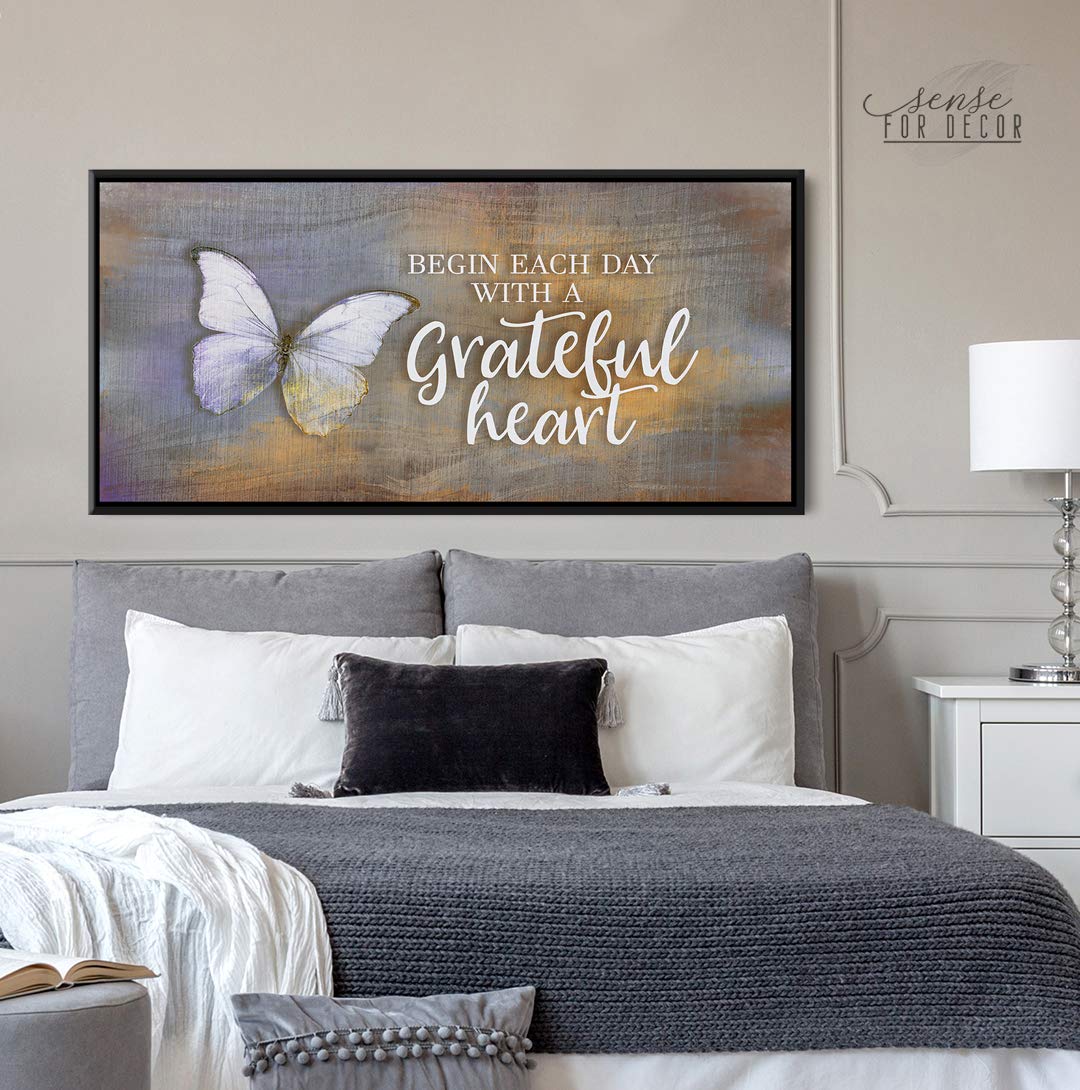 Inspirational Wall Art - 'Begin Each Day' Motivational Quote Canvas Print with Butterfly Design, Religious & Blessed Home Decor, Large 42x19 Inch Orange & Black Floating Frame - Perfect for Living Room, Bedroom, or Office Decor