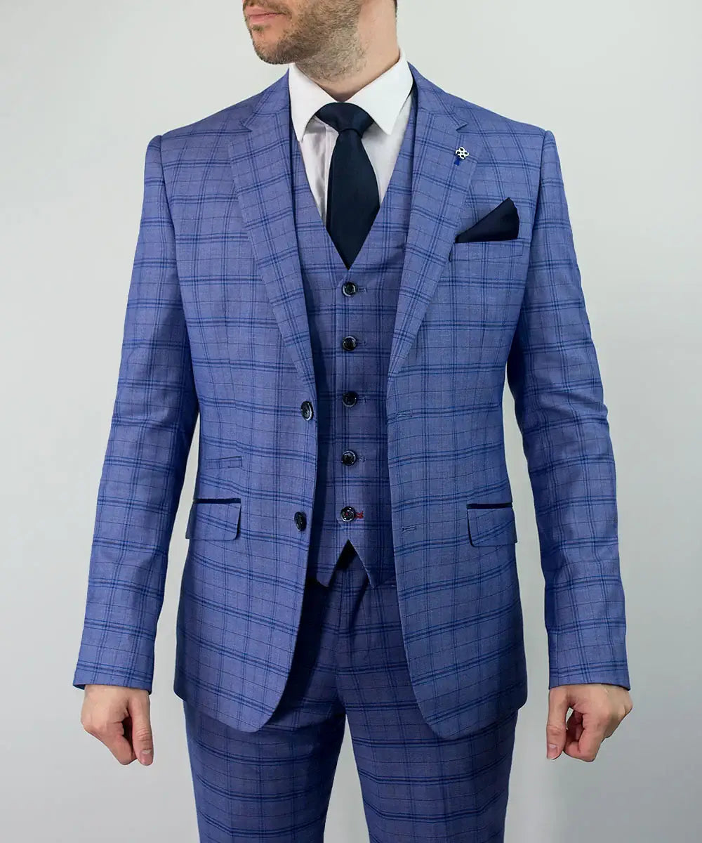 Cavani Tamara Blue Check Tailored Fit 3 Piece Suit for Men - Size 36R Jacket with 32R Trousers - Premium Business Formal Wear for Office, Weddings & Special Occasions