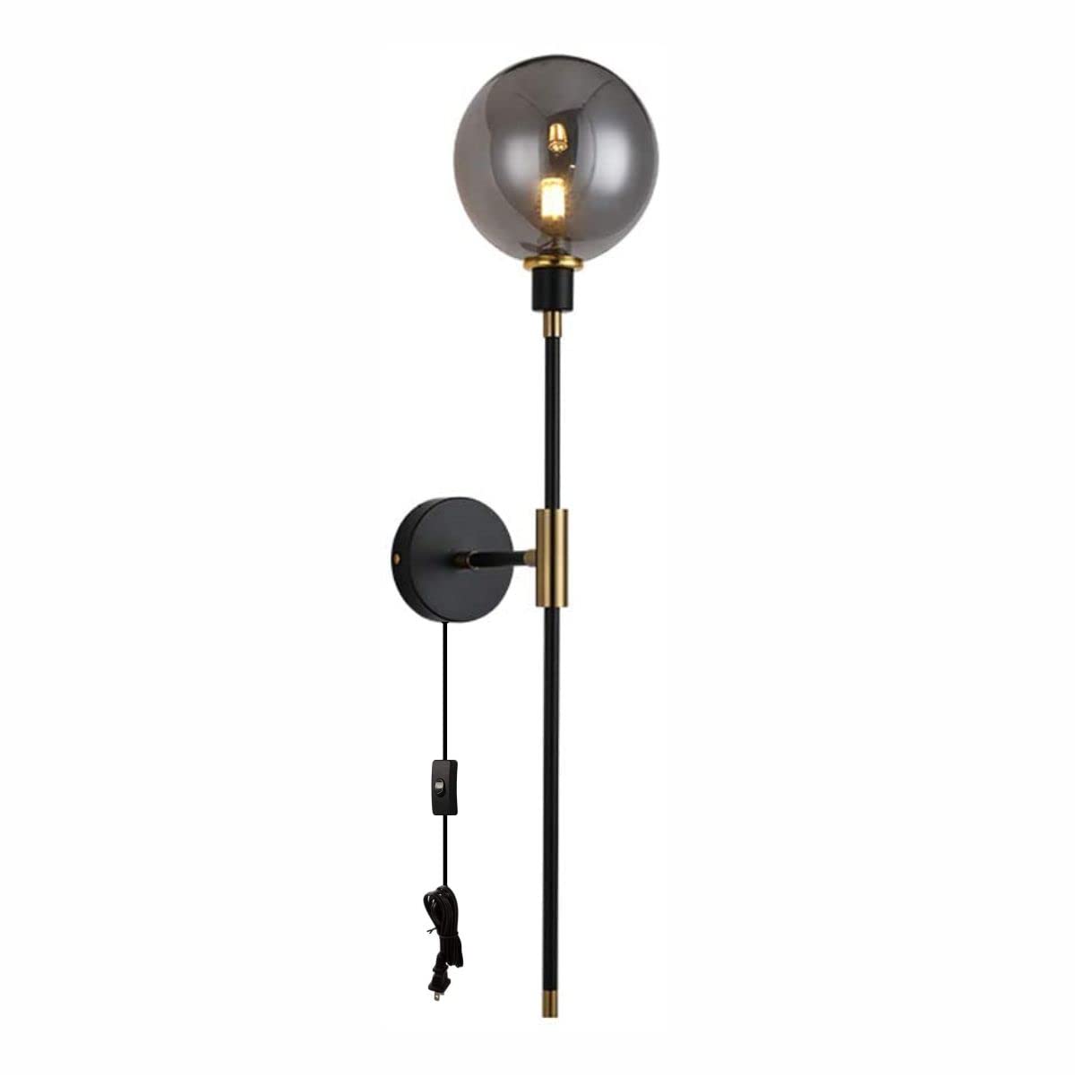 KCO Modern Black Wall Sconce with On/Off Switch - 1-Light Plug-in Wall Mounted Fixture with Long Arm & Glass Globe Shade - Perfect for Bedroom, Living Room, Kitchen & Hallway Lighting (Smoke Gray) | Ambient Lighting for Cozy Spaces & Entryways
