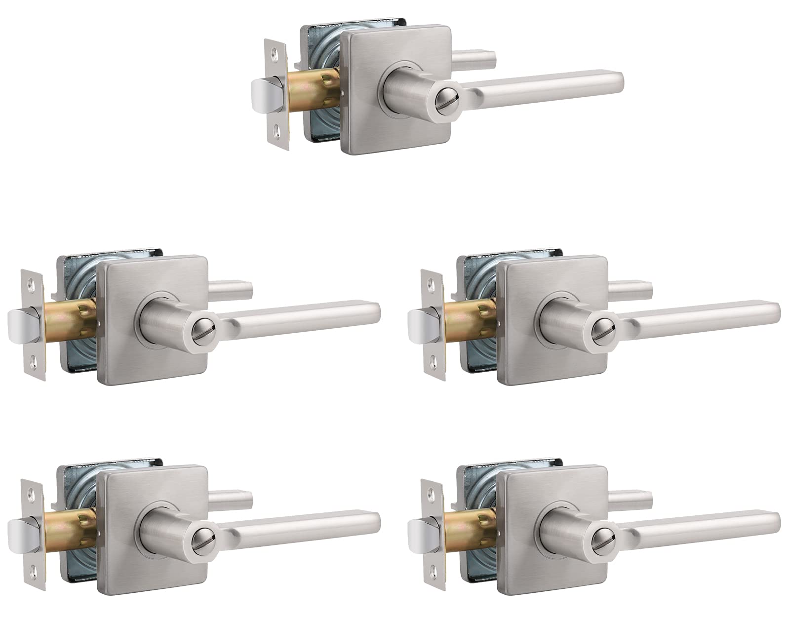 Brotima 4 Pack Heavy Duty Privacy Door Lever with Lock - Modern Square Keyless Interior Door Handle Set in Satin Nickel Finish for Bedroom, Bathroom & Home Office | Secure & Stylish Upgrade for Any Interior Space