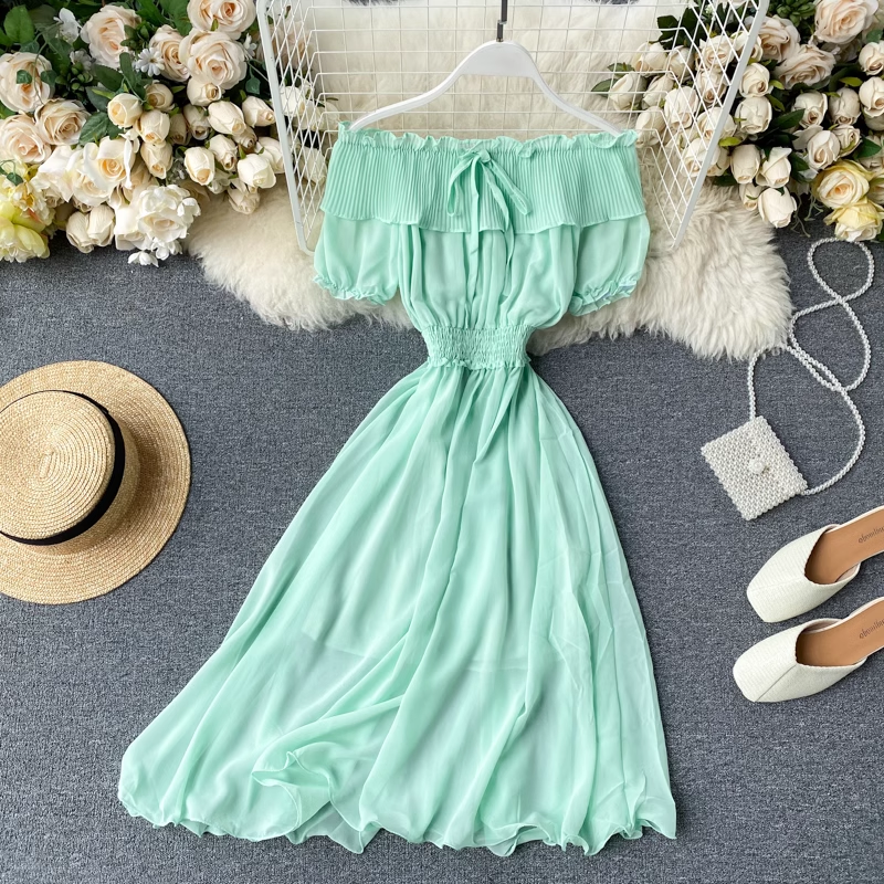 Stylish Women's Summer Pleated Chiffon Skirt with Ruffled Off-Shoulder Design - Perfect for Beach Vacations, Date Nights & Casual Outings