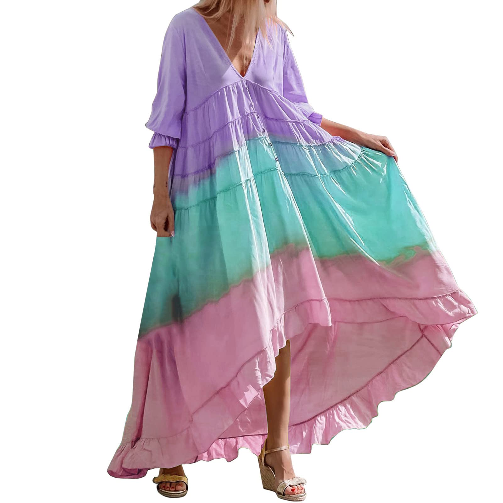 Elegant Pink V-Neck Flowy Layered Dress for Women - Casual Summer Dress with Short/Long Sleeve Options - Perfect for Beach Vacations, Date Nights & Office Wear
